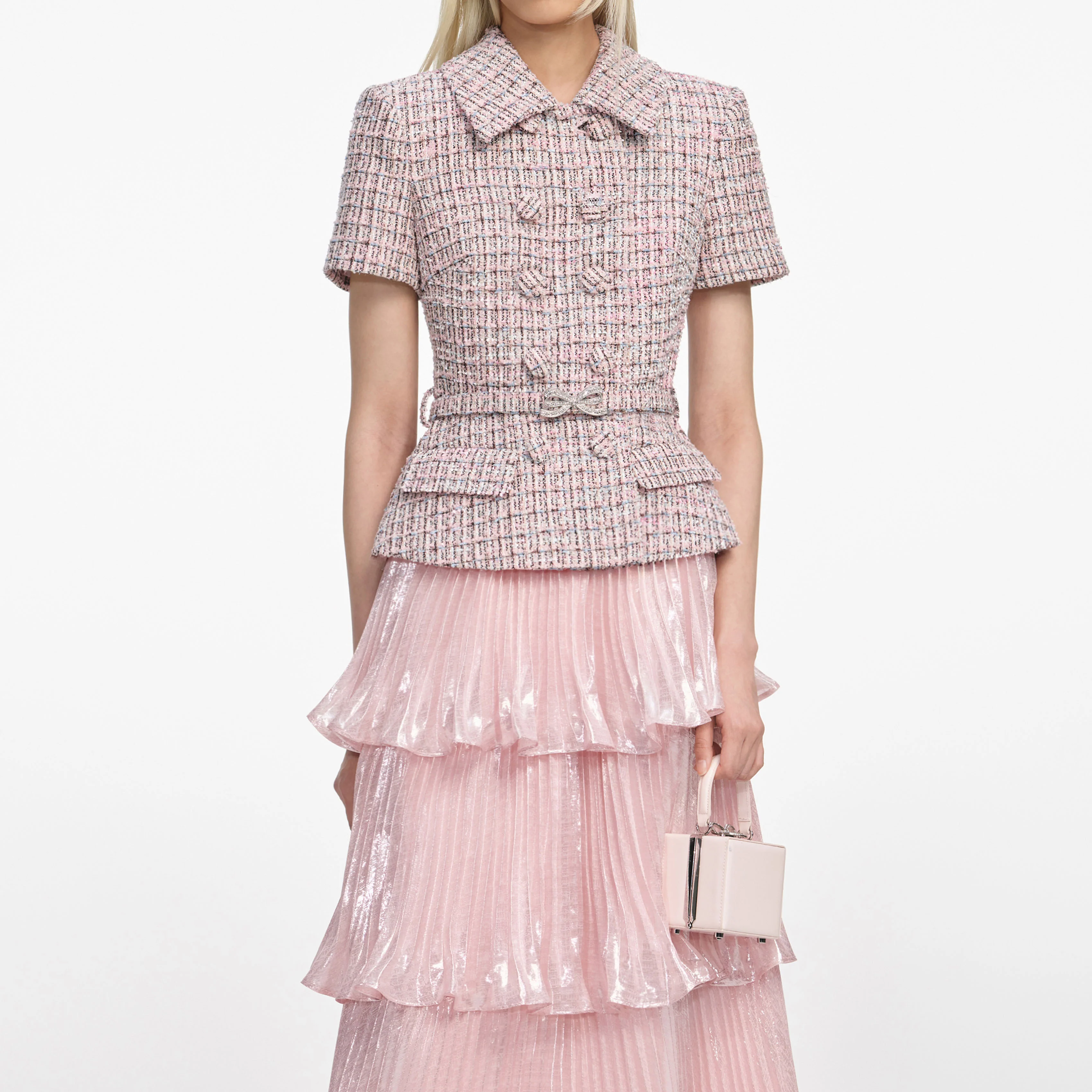 Pink Boucle Metallic Tiered Midi Dress - Image 4