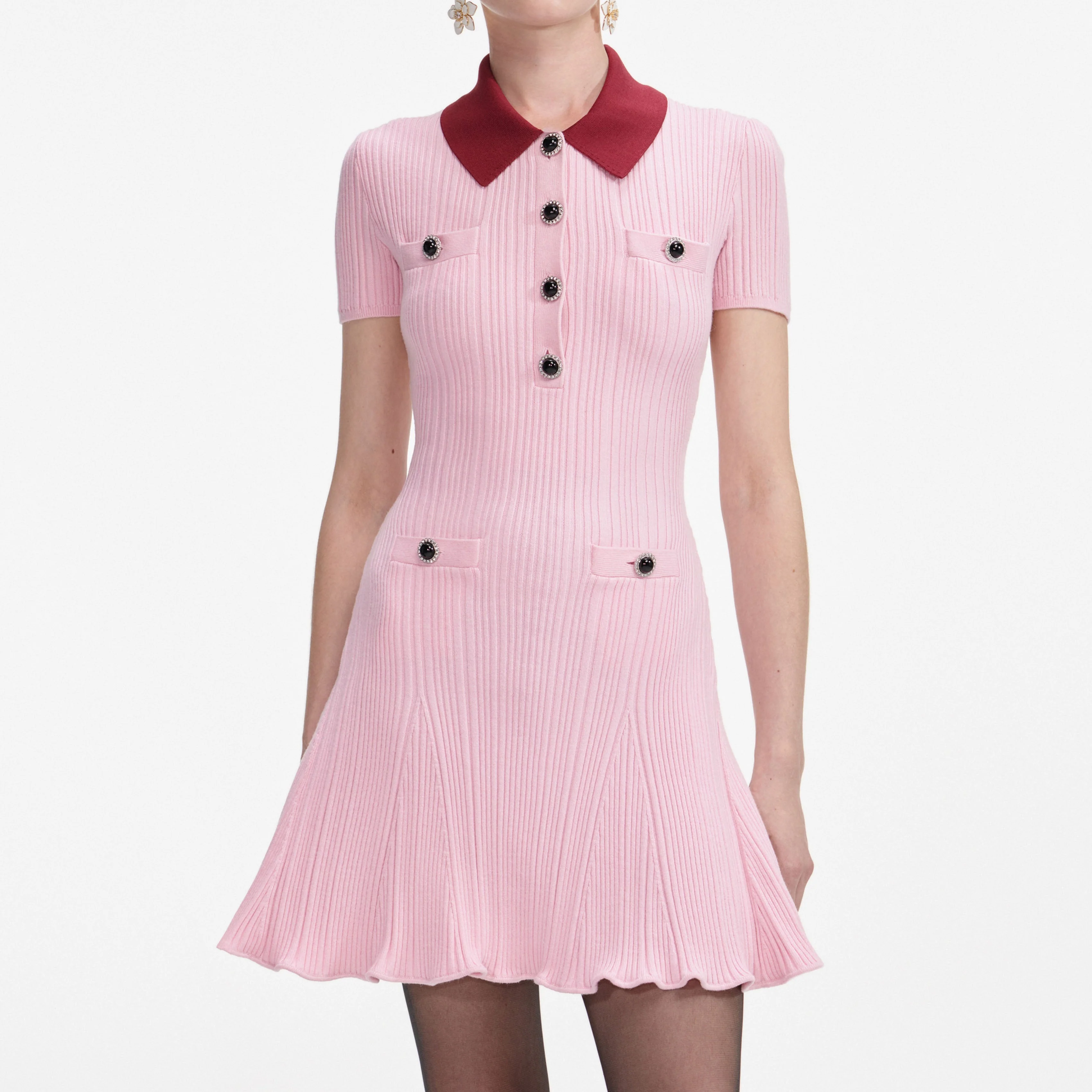 Pink Contrast Collar Knit Mini Dress - Image 4