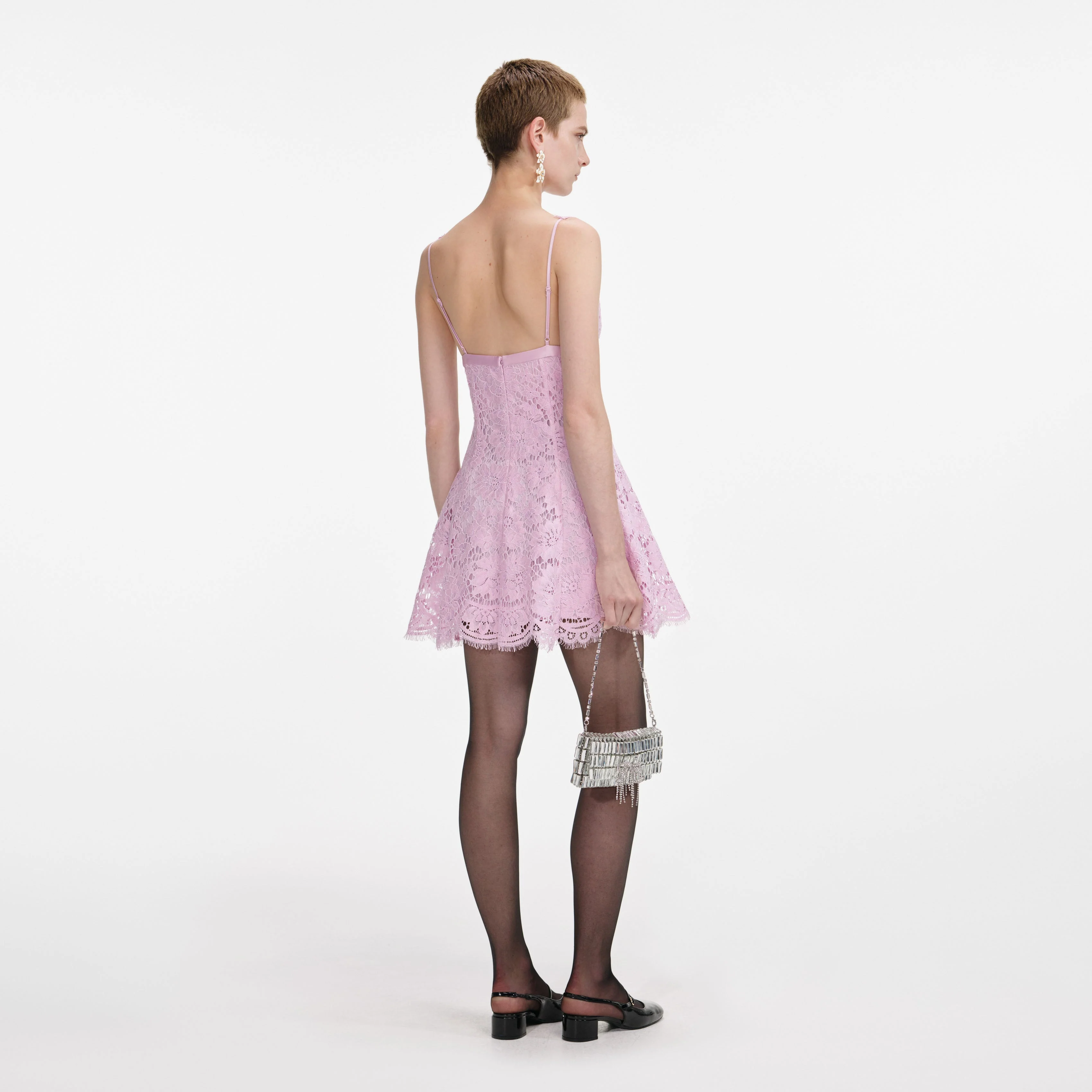 Pink Floral Lace Bow Mini Dress - Image 3