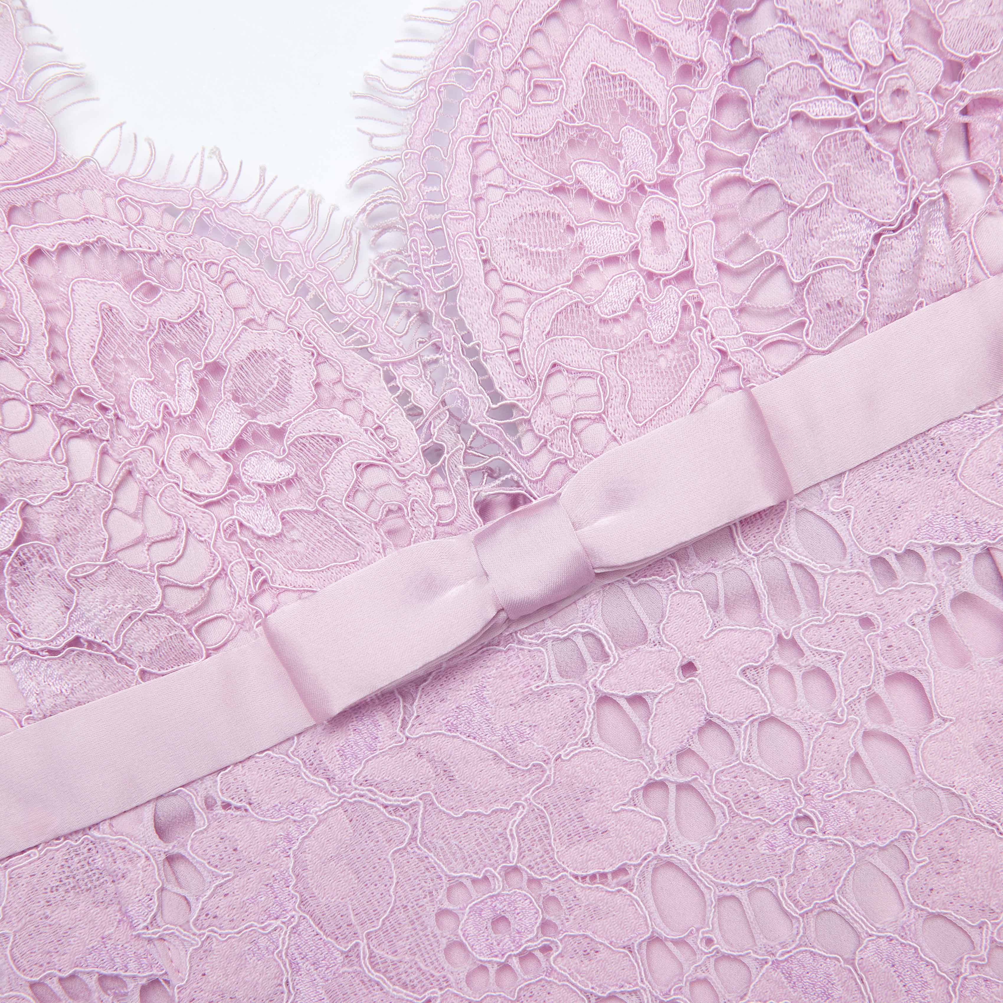 Pink Floral Lace Bow Mini Dress - Image 5