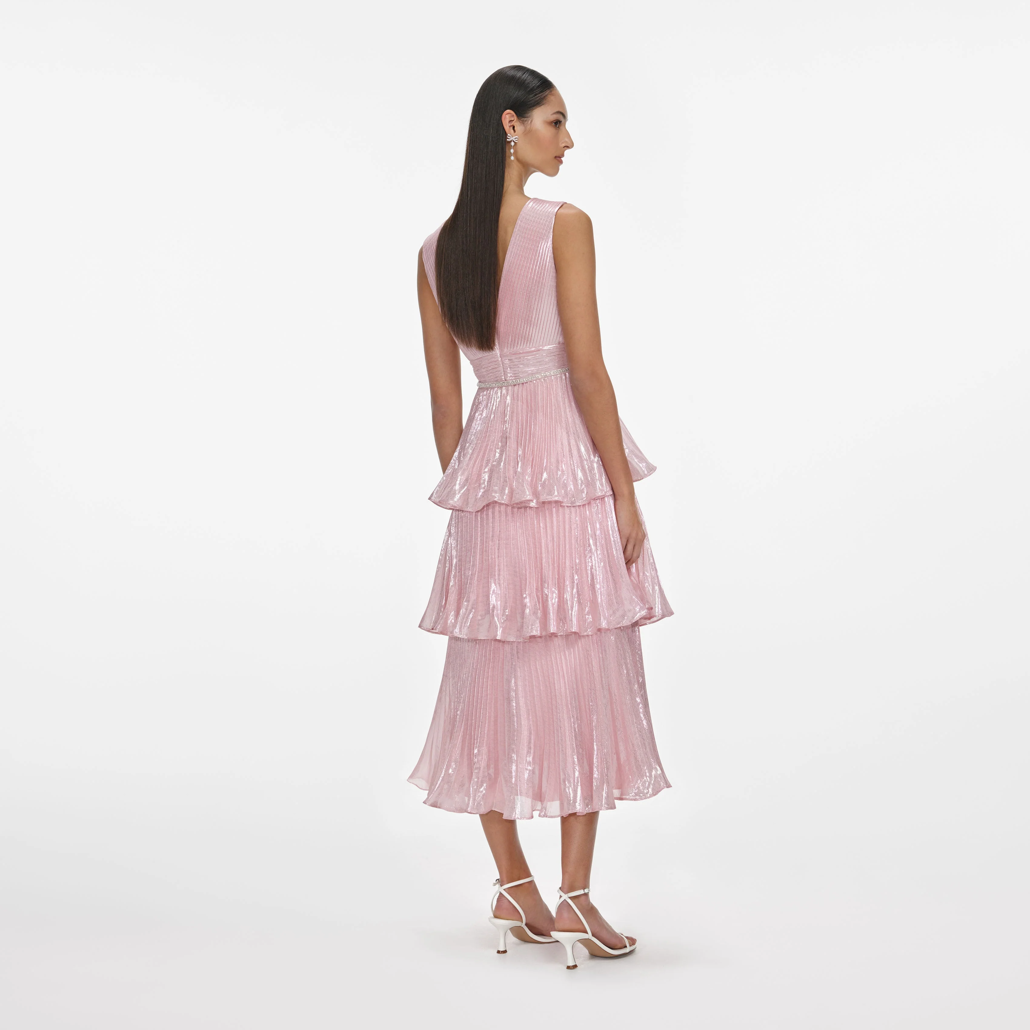 Pink Metallic Tiered Midi Dress - Image 3