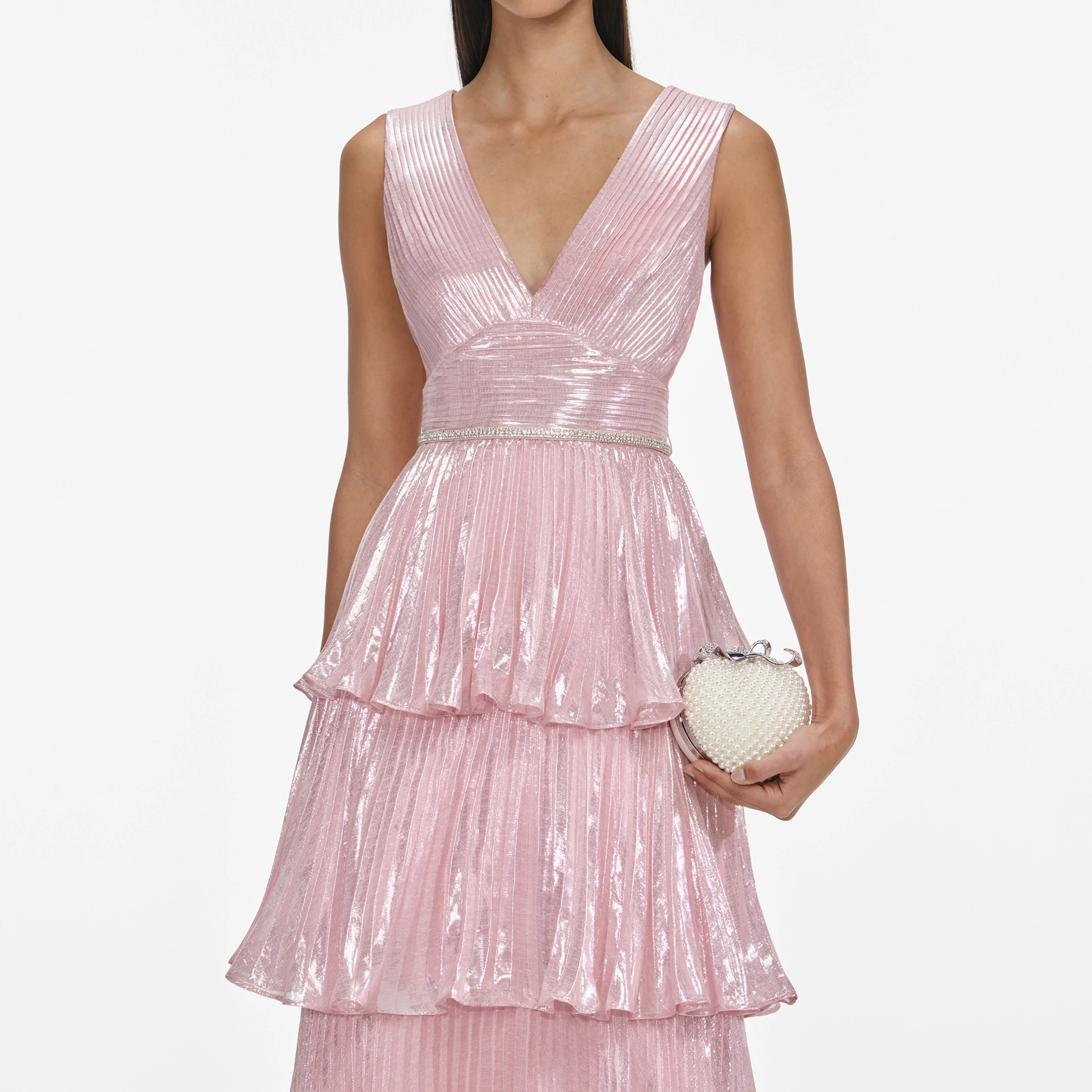 Pink Metallic Tiered Midi Dress - Image 4