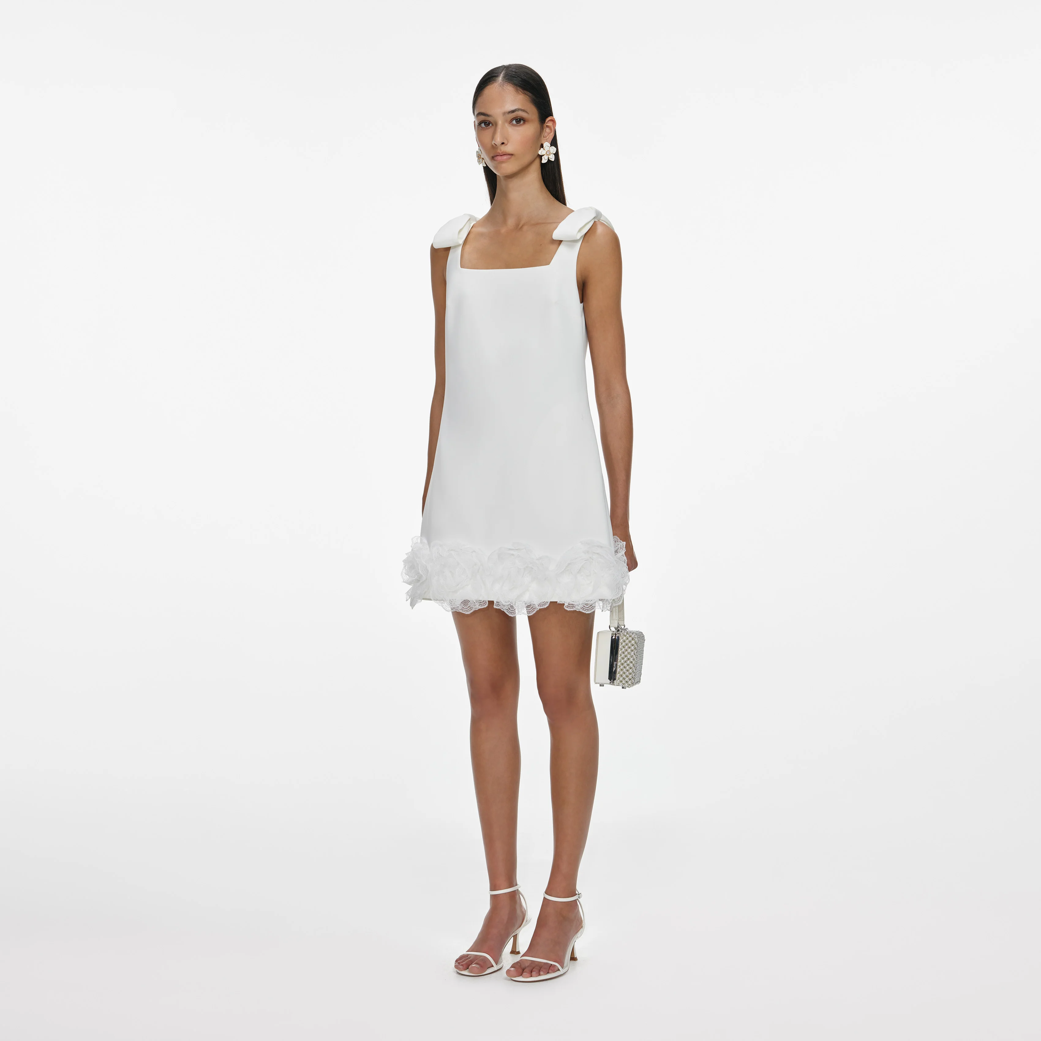 White Crepe 3D Flower Mini Dress - Image 2