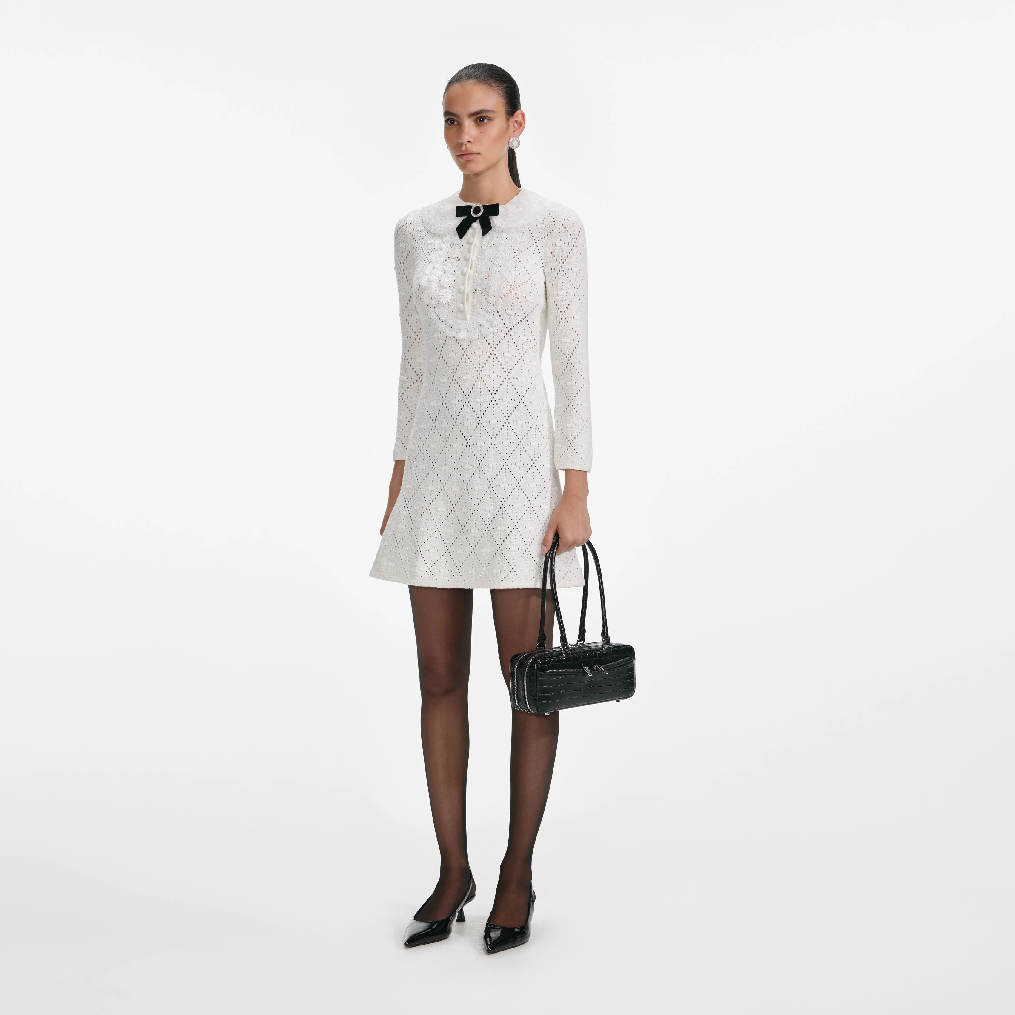 White Lace Bib Knit Mini Dress - Image 2