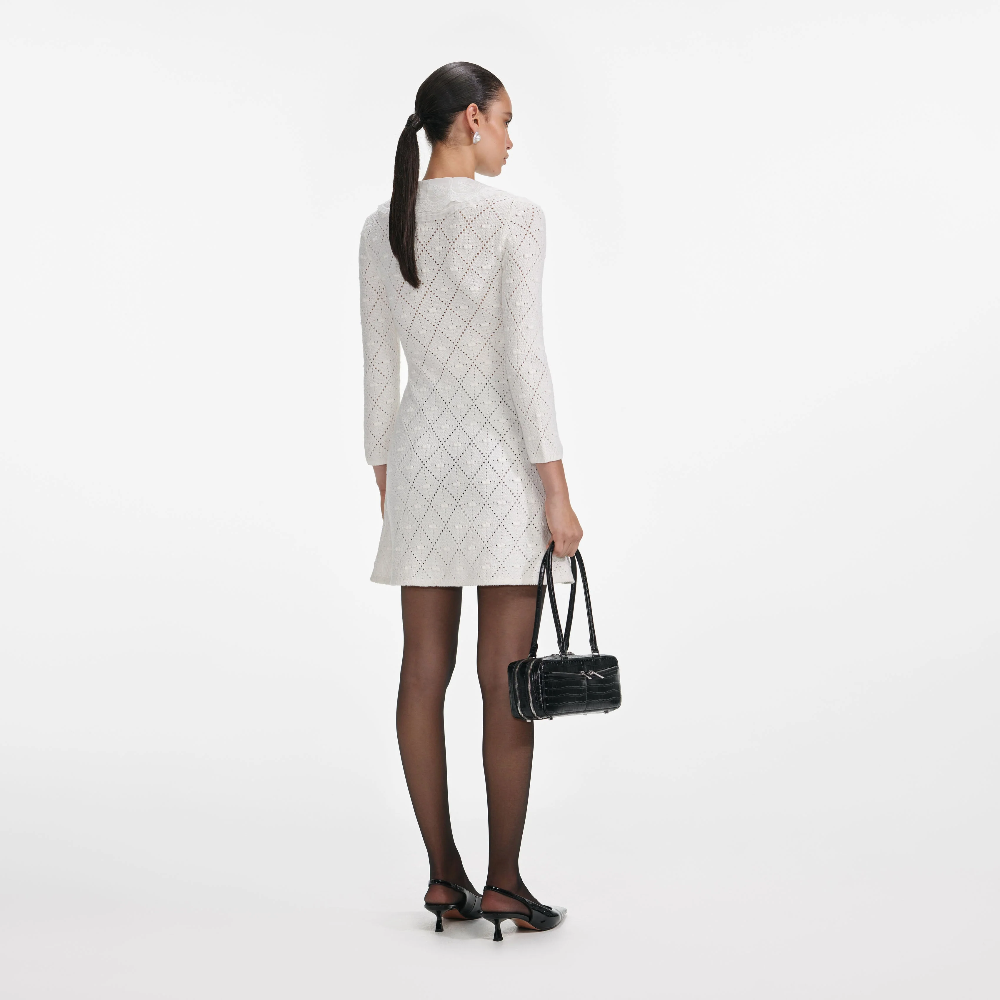 White Lace Bib Knit Mini Dress - Image 3