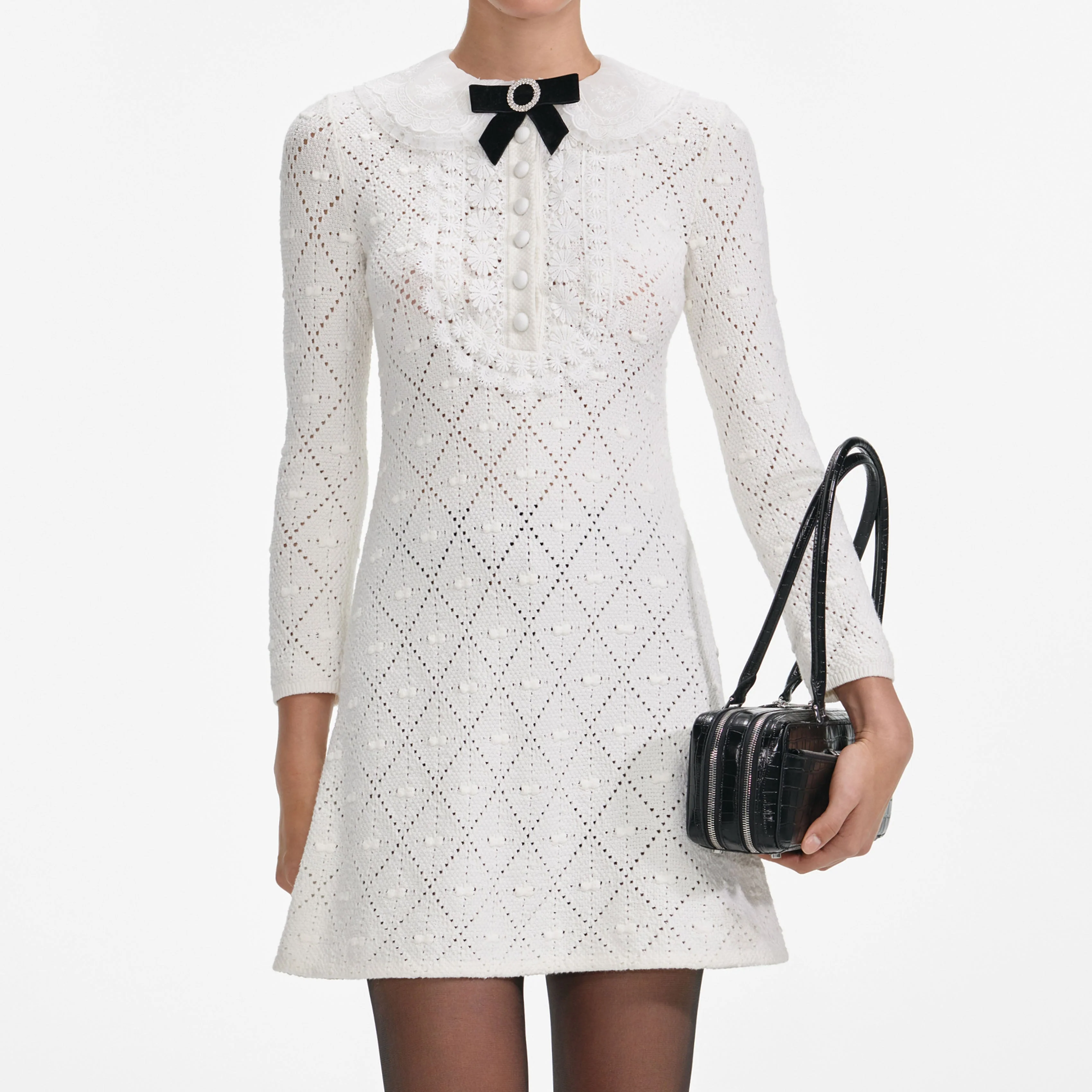 White Lace Bib Knit Mini Dress - Image 4