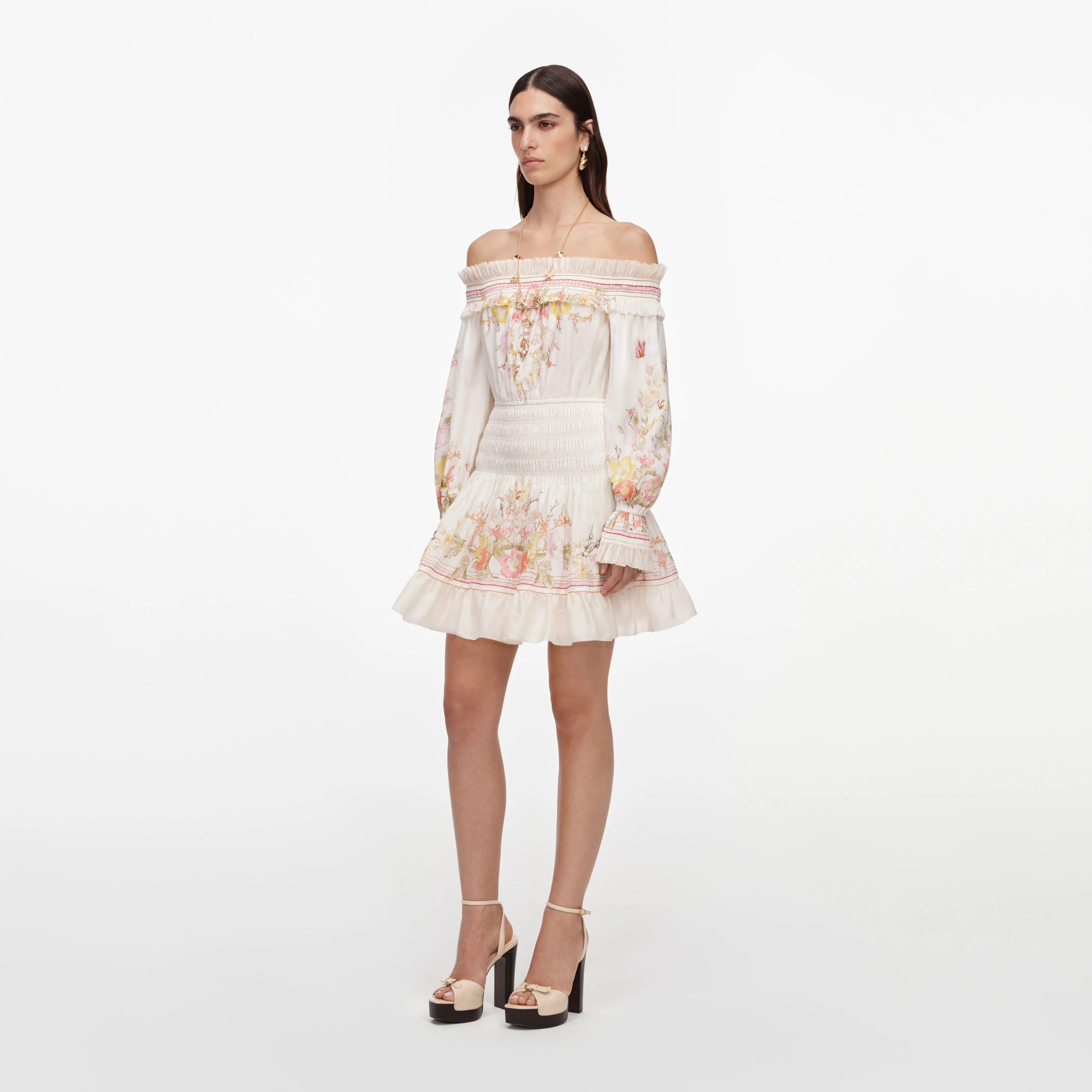 Cream Floral Organza Ruffle Mini Dress - Image 2