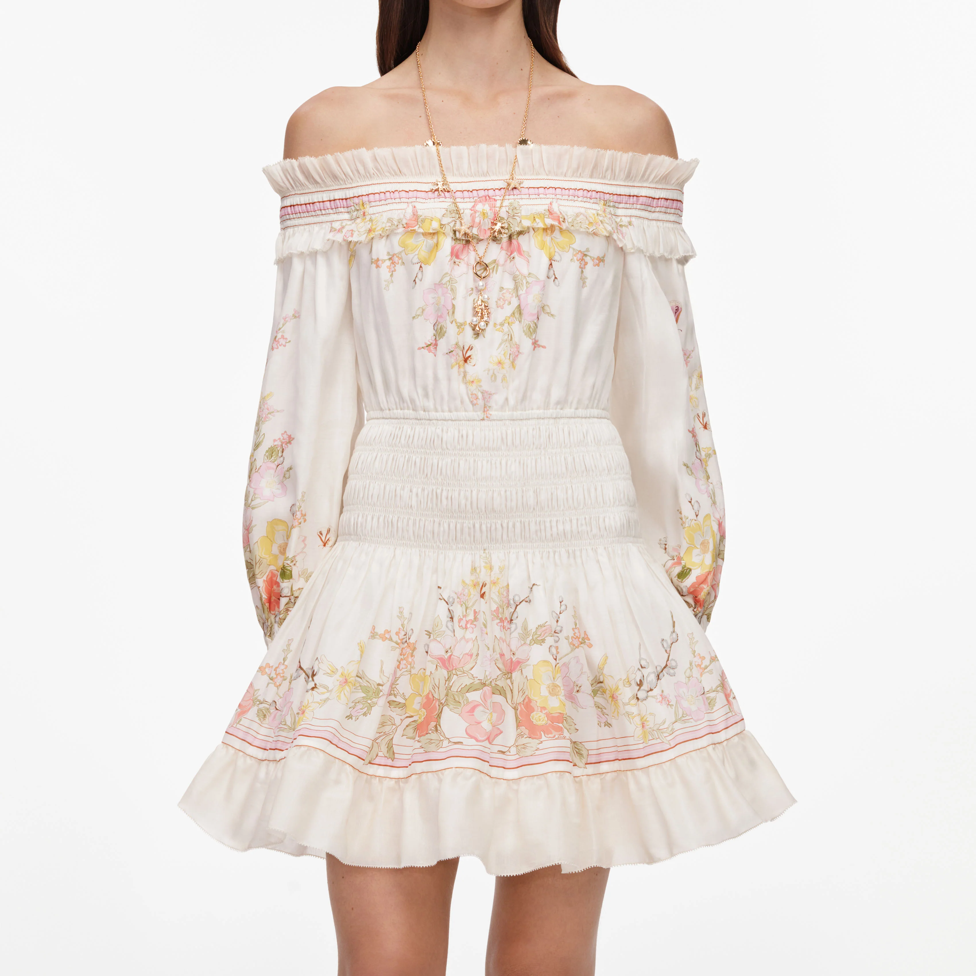 Cream Floral Organza Ruffle Mini Dress - Image 4