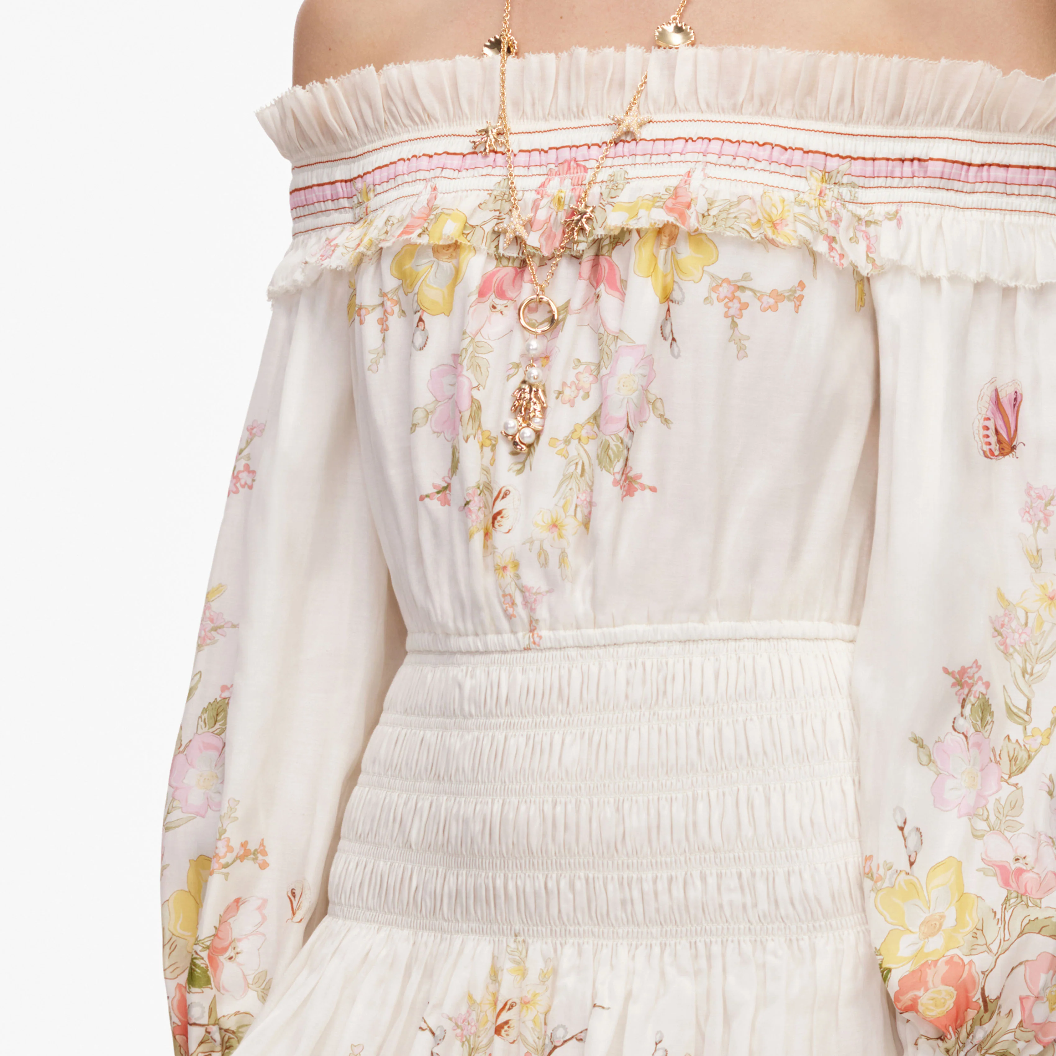 Cream Floral Organza Ruffle Mini Dress - Image 5