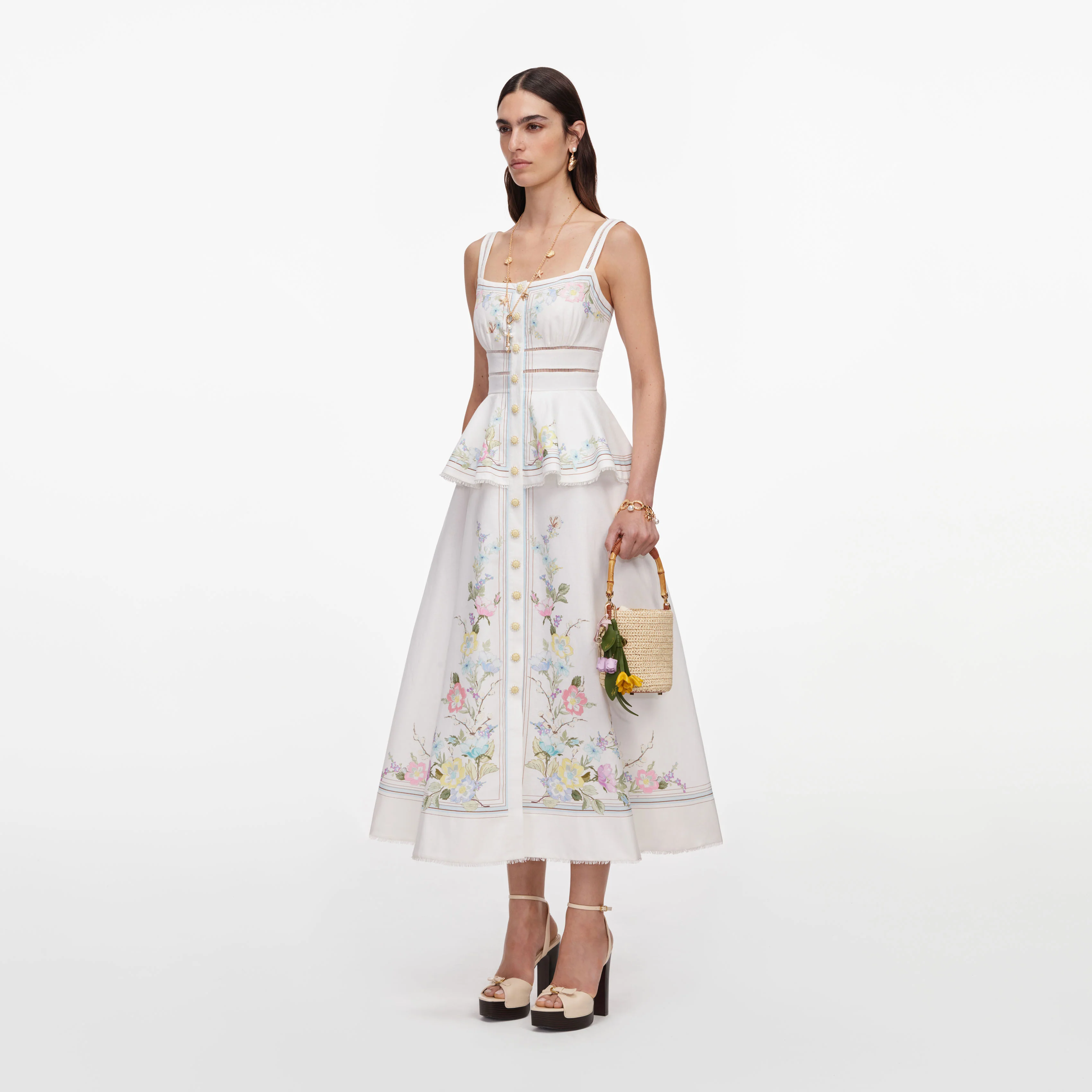 White Floral Linen Blend Peplum Midi Dress - Image 2