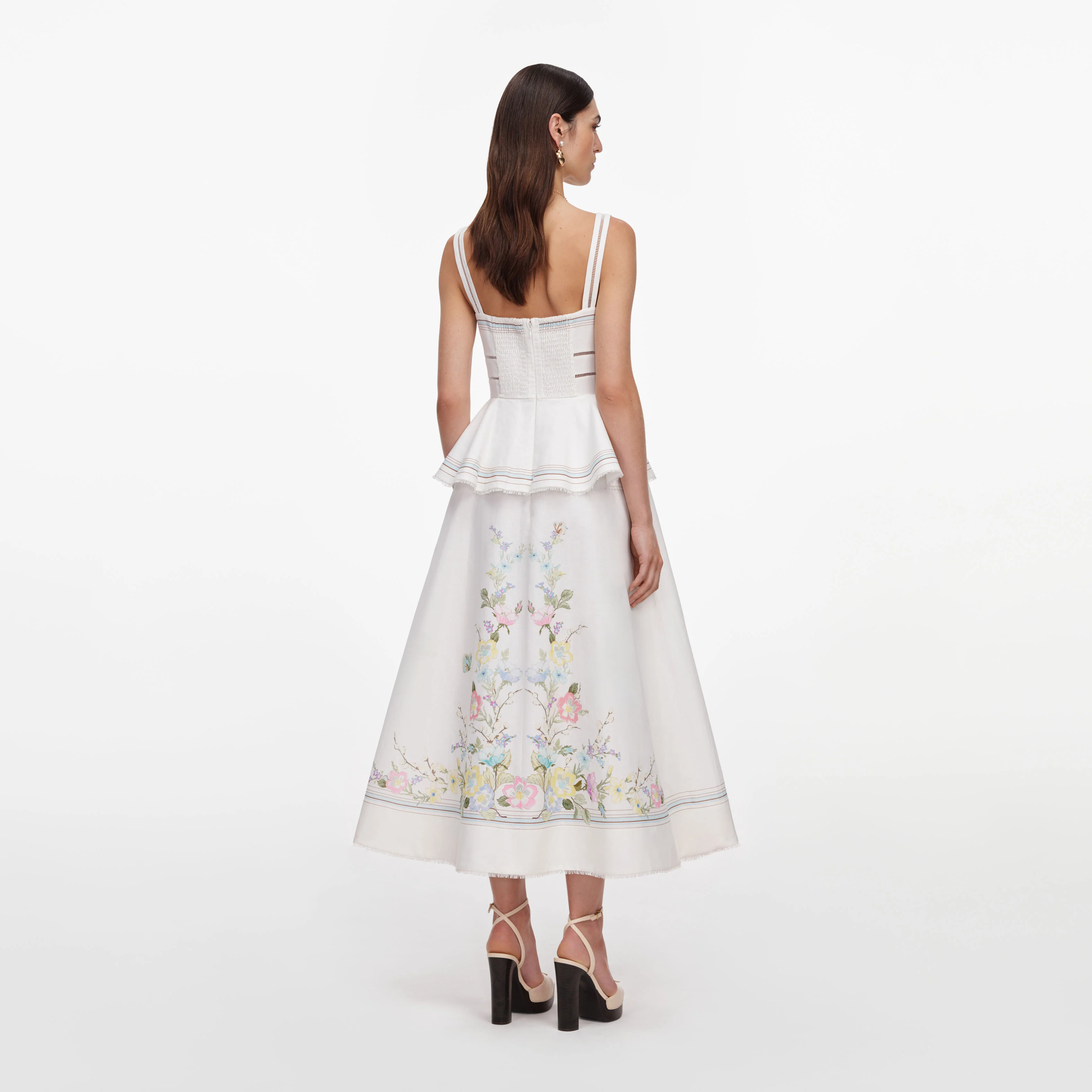 White Floral Linen Blend Peplum Midi Dress - Image 3