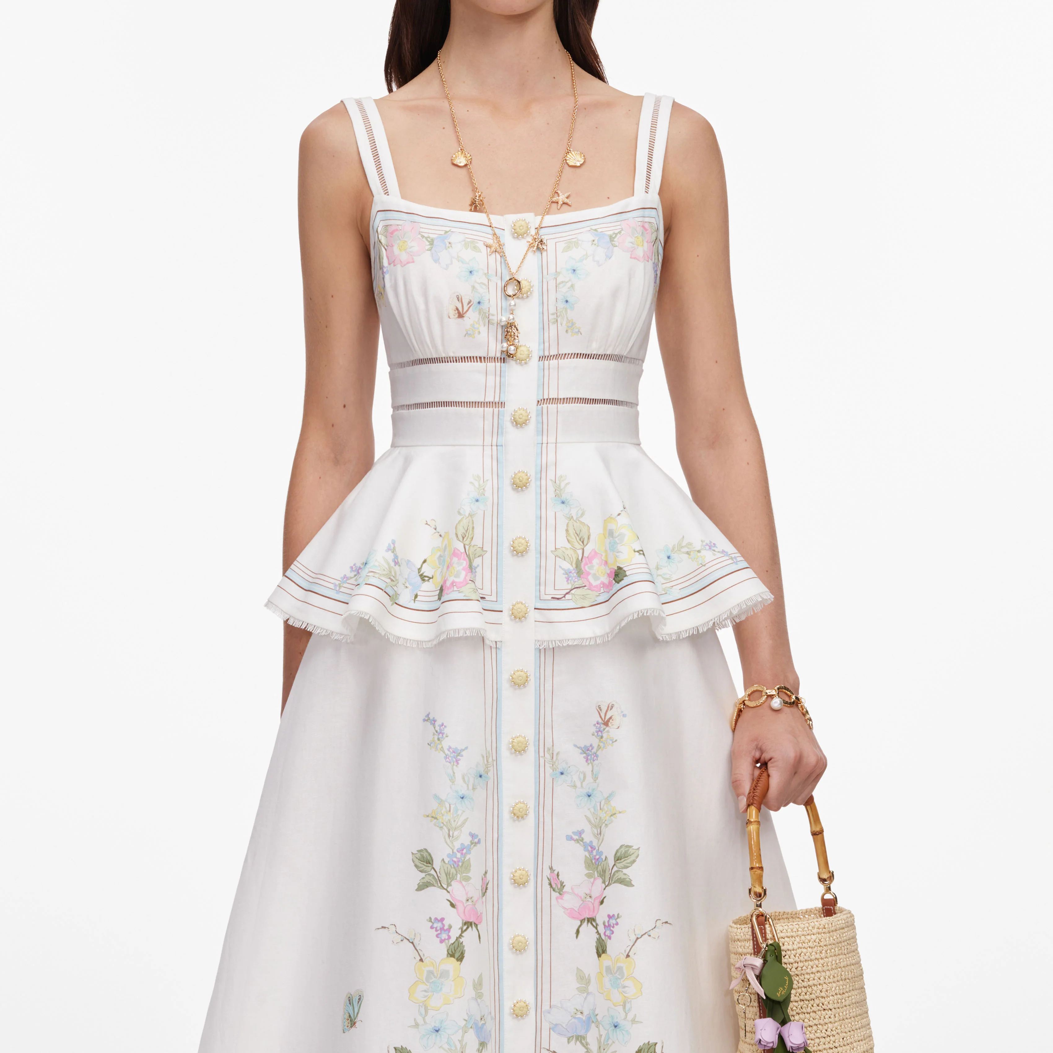 White Floral Linen Blend Peplum Midi Dress - Image 4