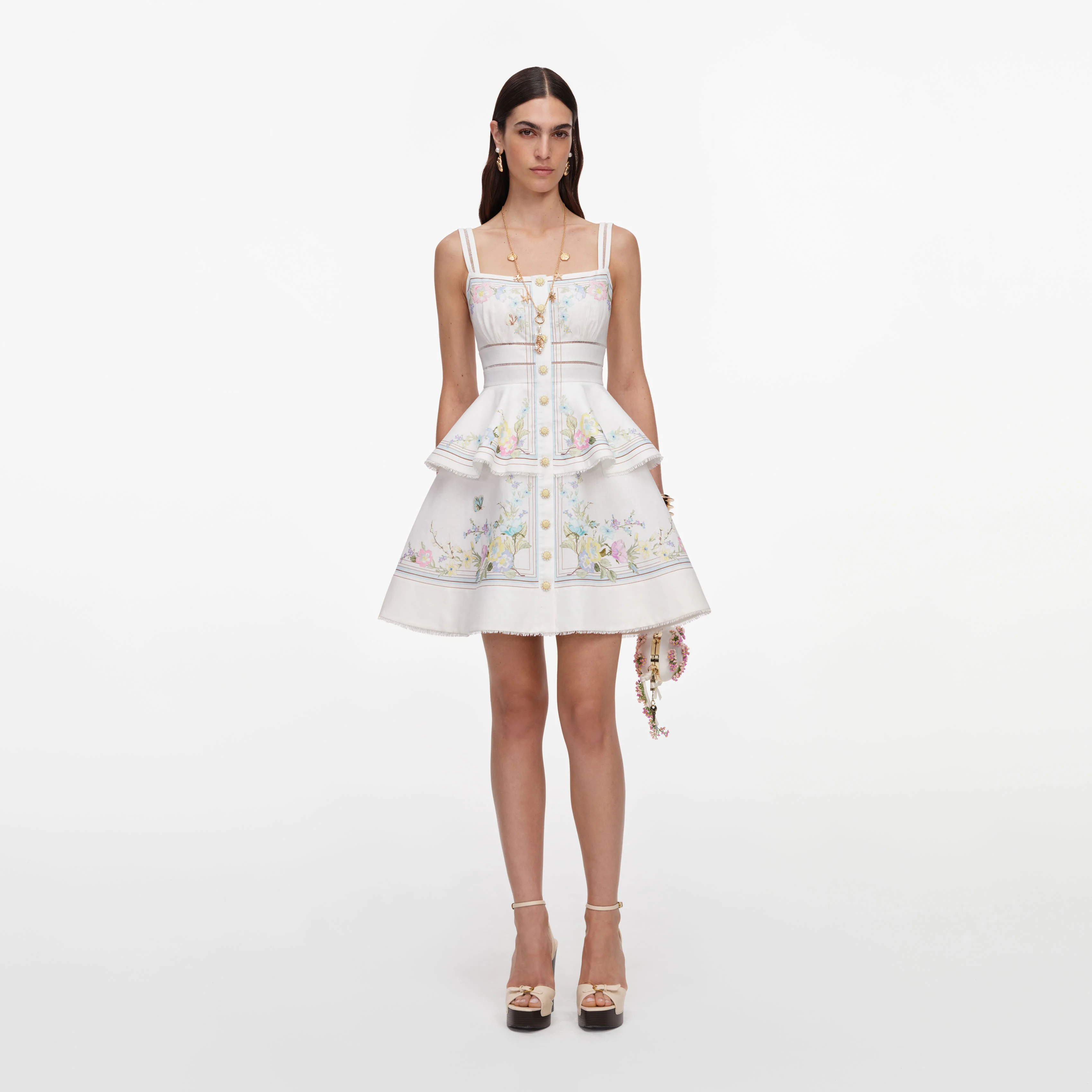 White Floral Linen Blend Peplum Mini Dress