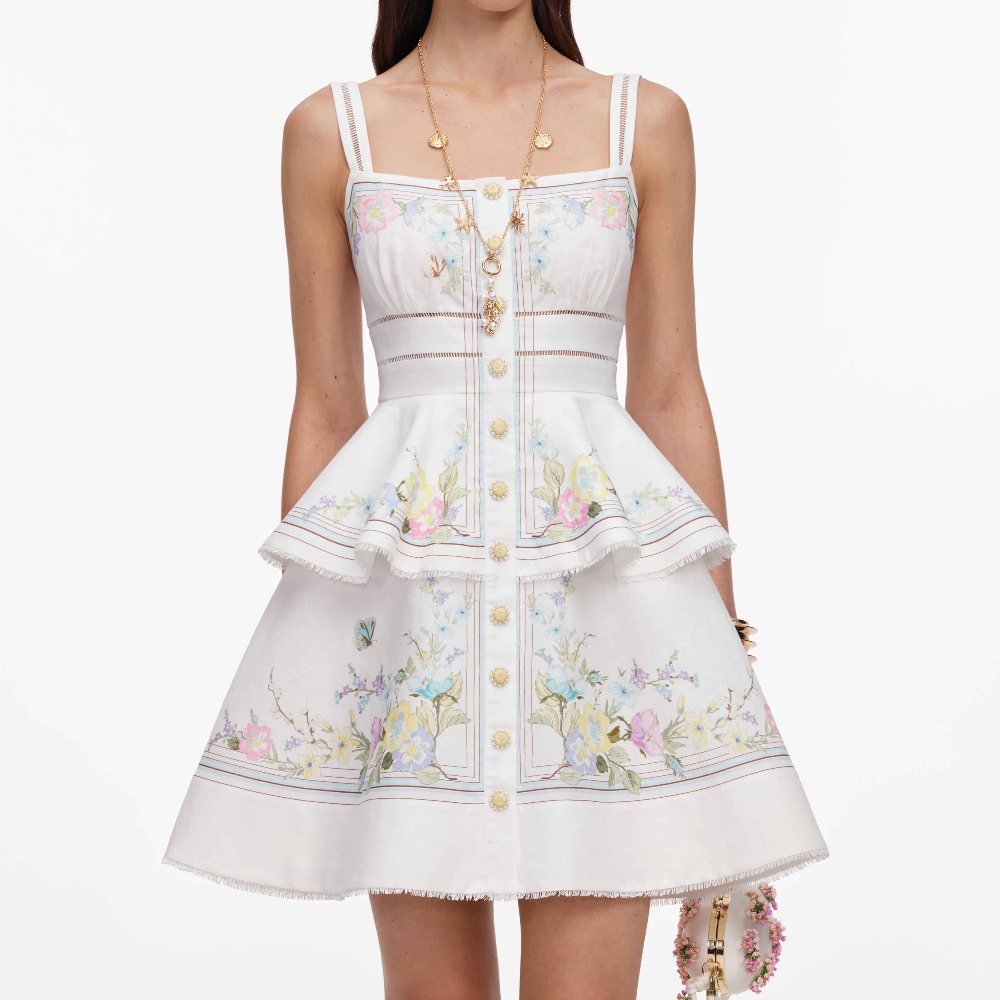 White Floral Linen Blend Peplum Mini Dress - Image 4