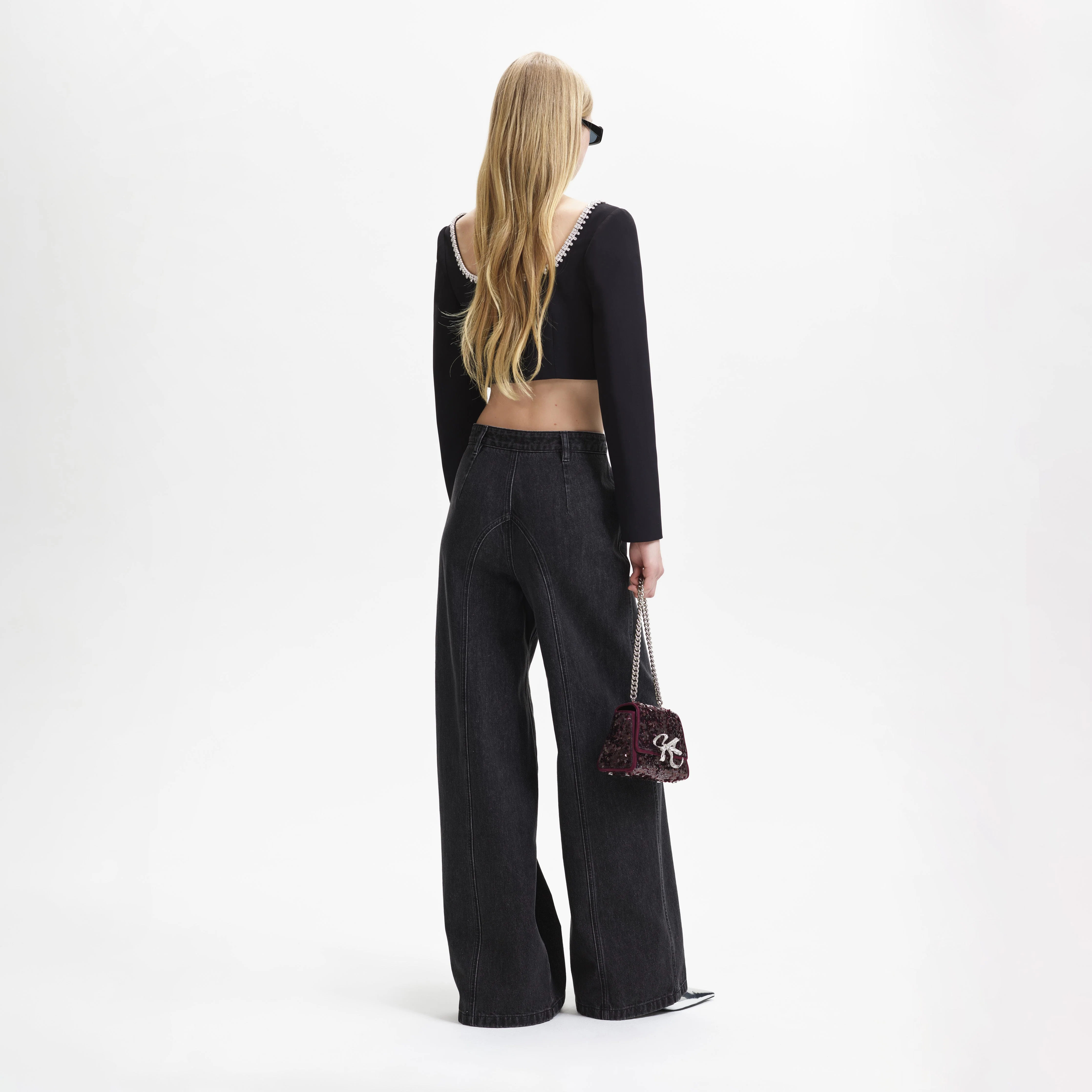 Black Wide Leg Stitch Detail Jeans - Image 3