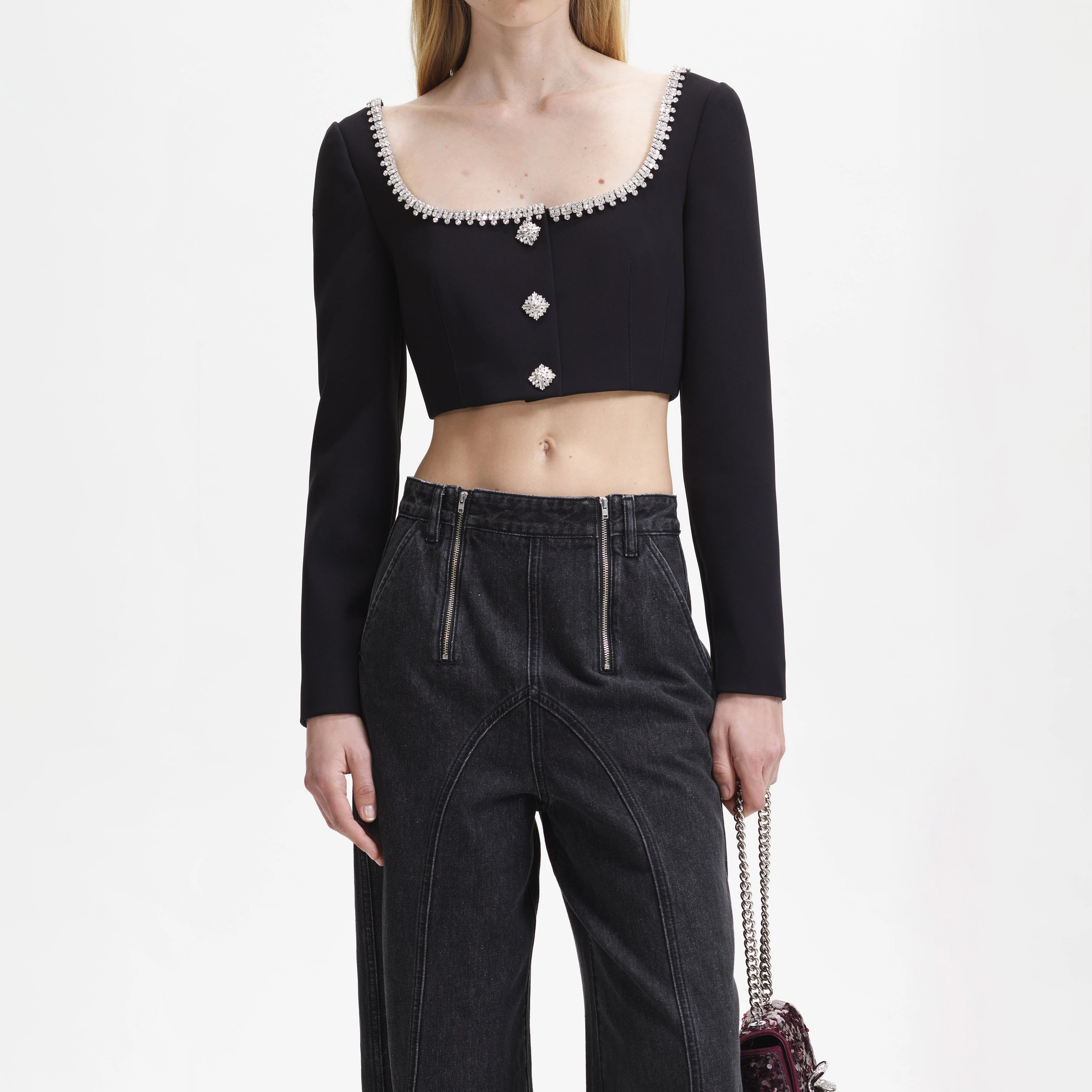 Black Wide Leg Stitch Detail Jeans - Image 4
