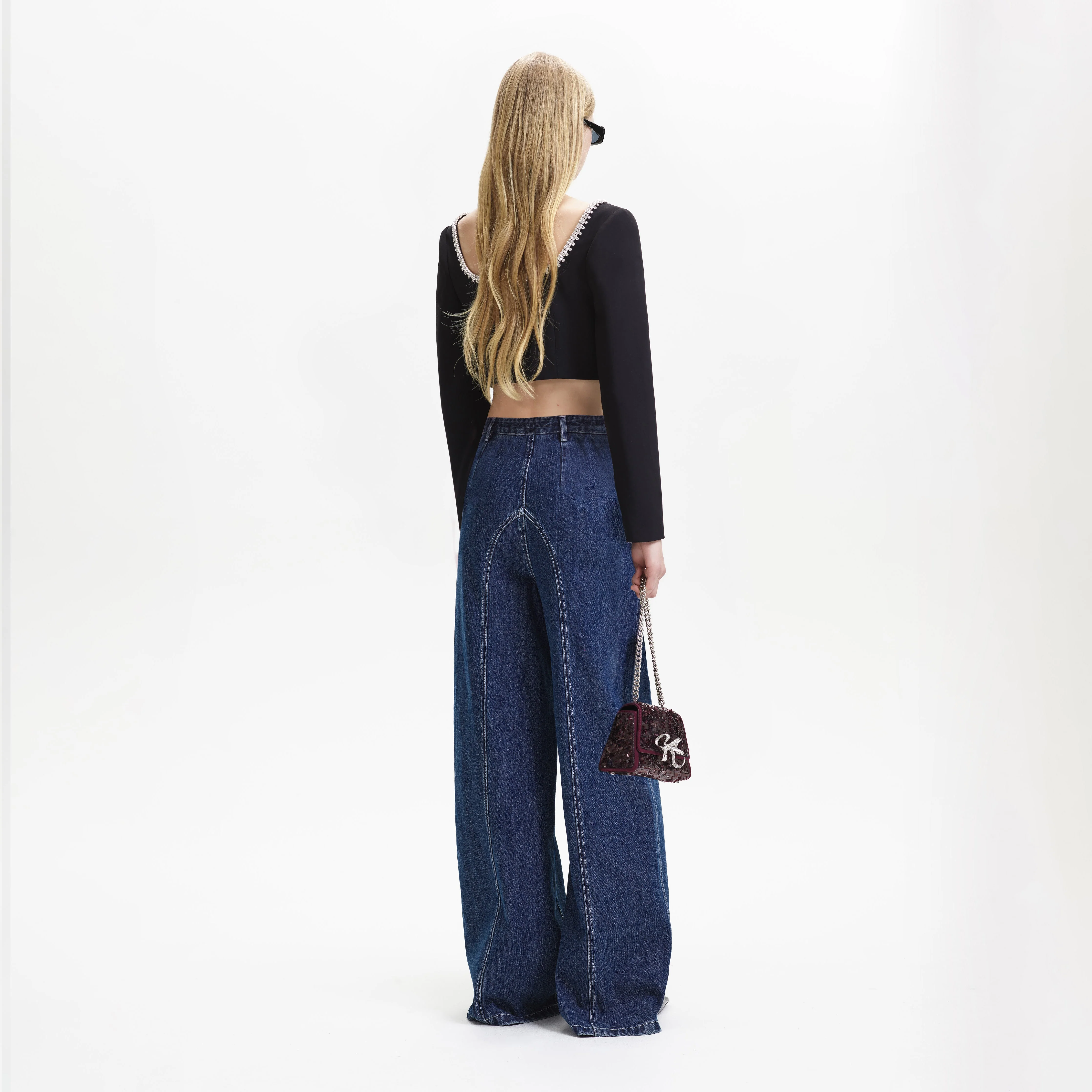 Blue Wide Leg Stitch Detail Jeans - Image 3