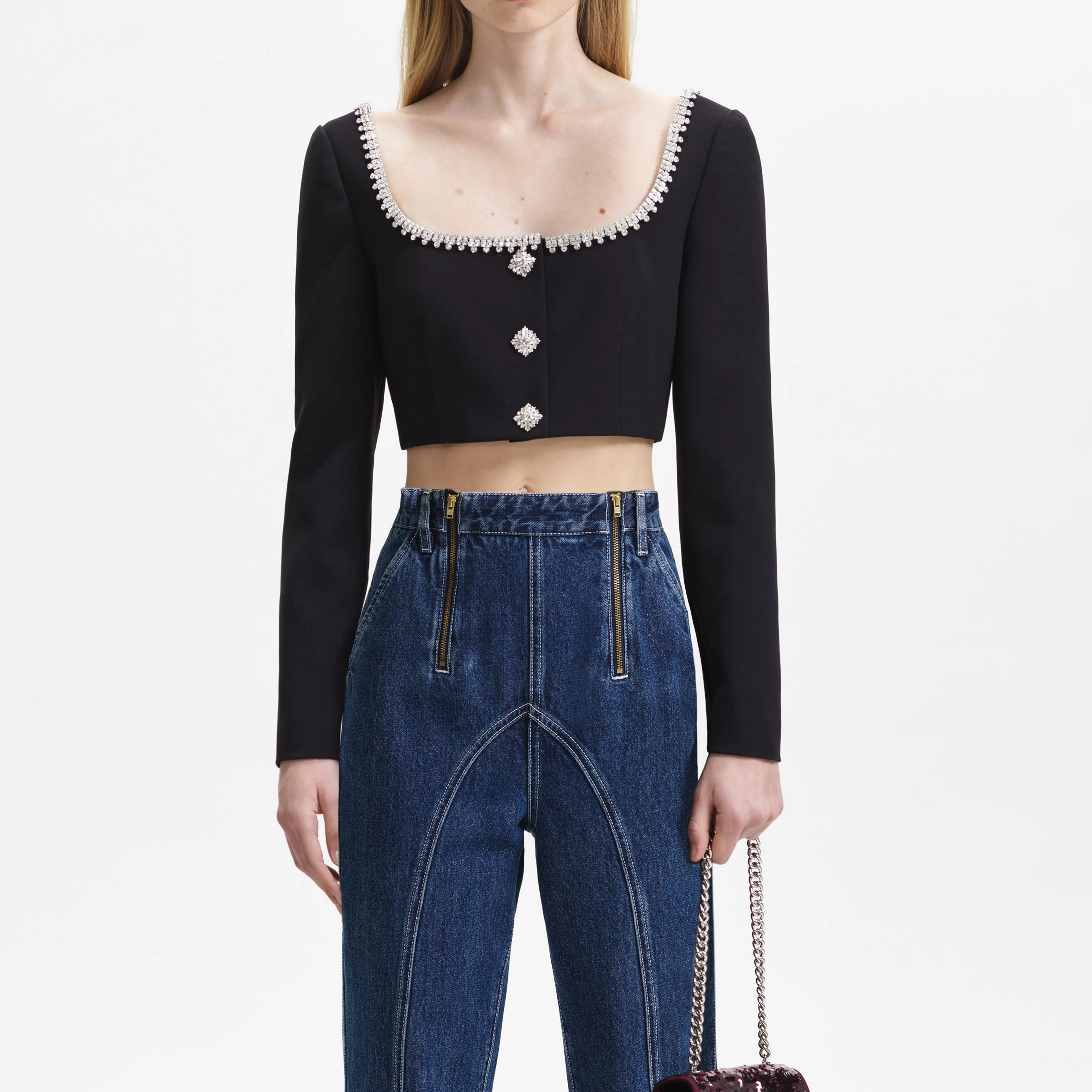 Blue Wide Leg Stitch Detail Jeans - Image 4