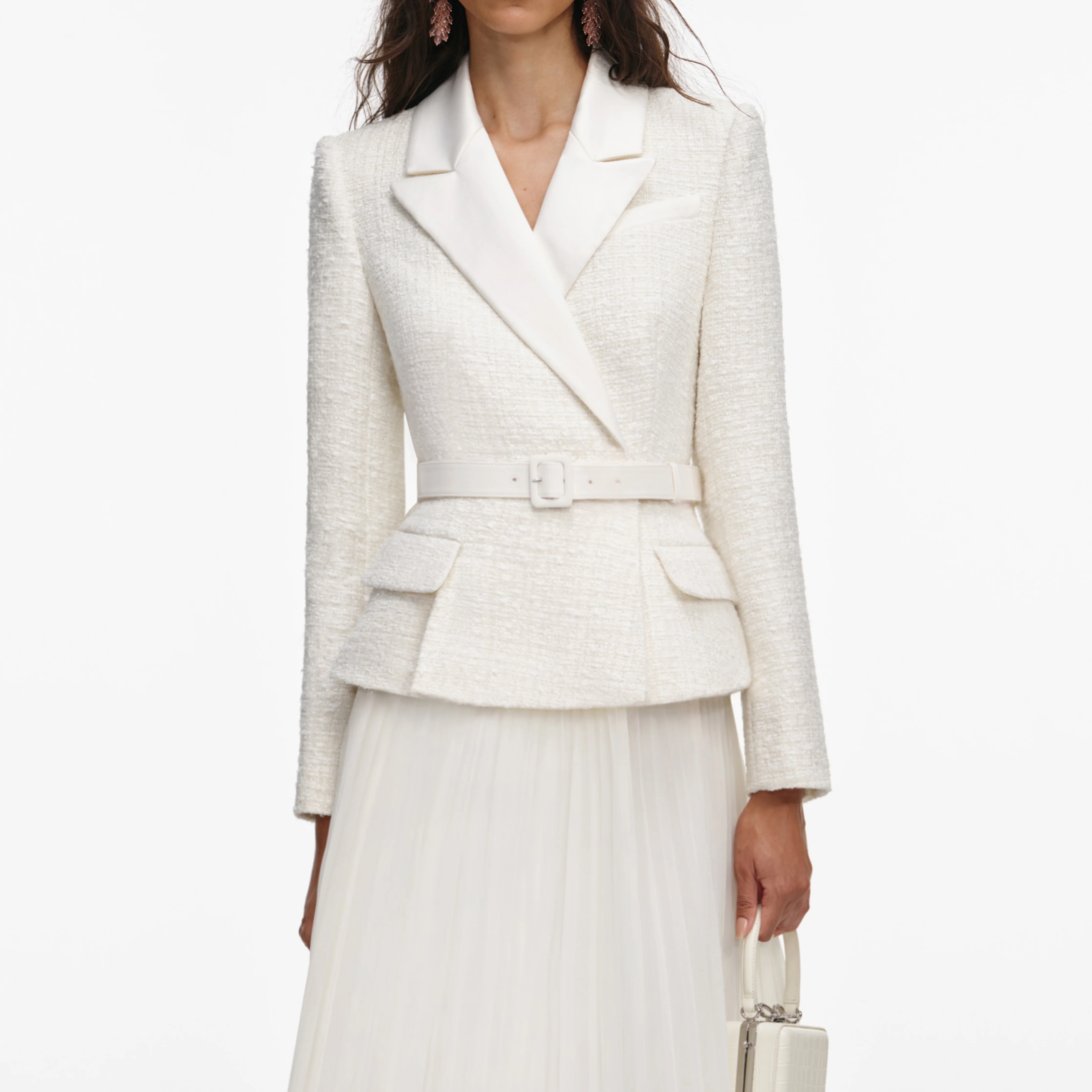 Cream Tailored Bouclé And Chiffon Midi Dress - Image 4