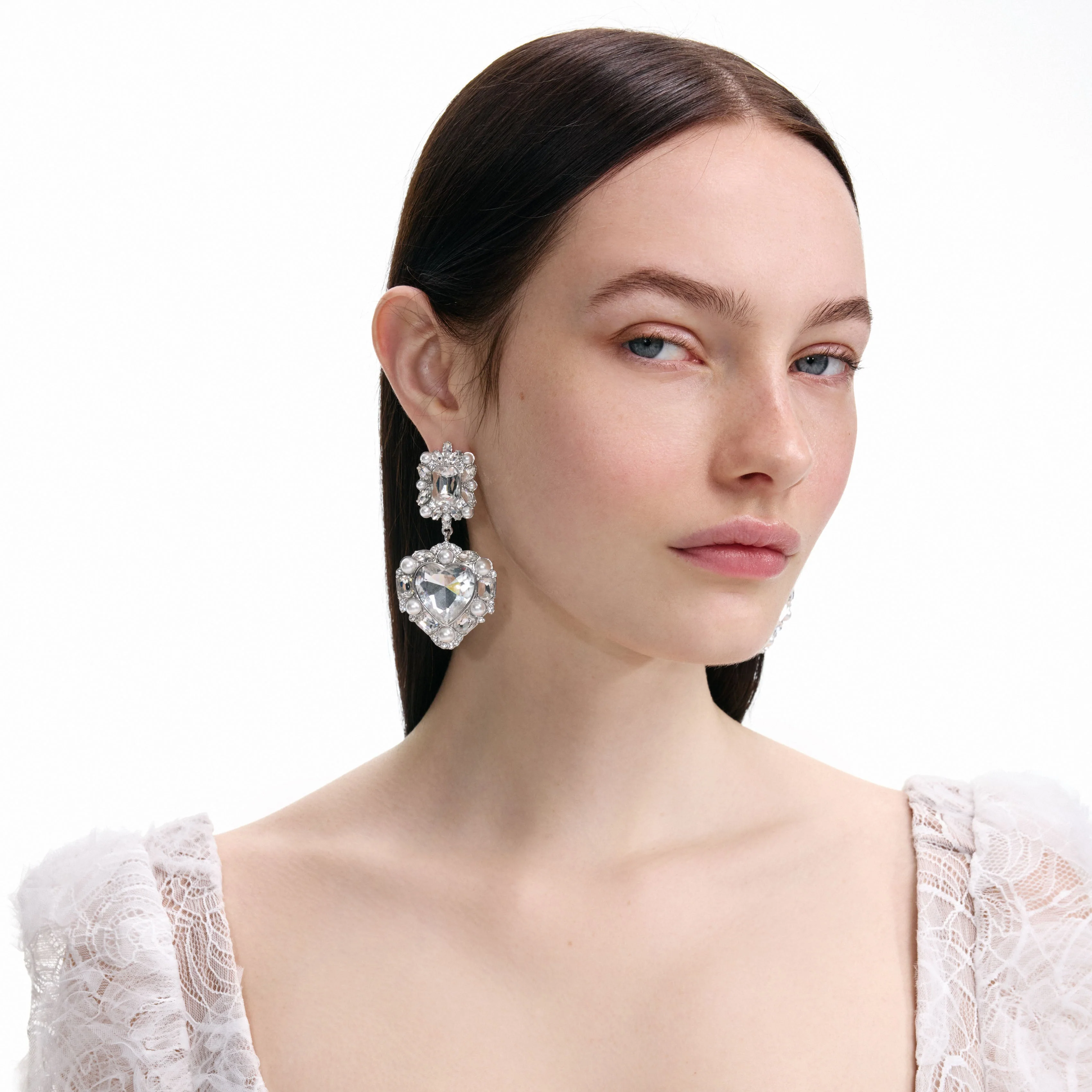 Crystal Pearl Tiered Heart Earrings - Image 2