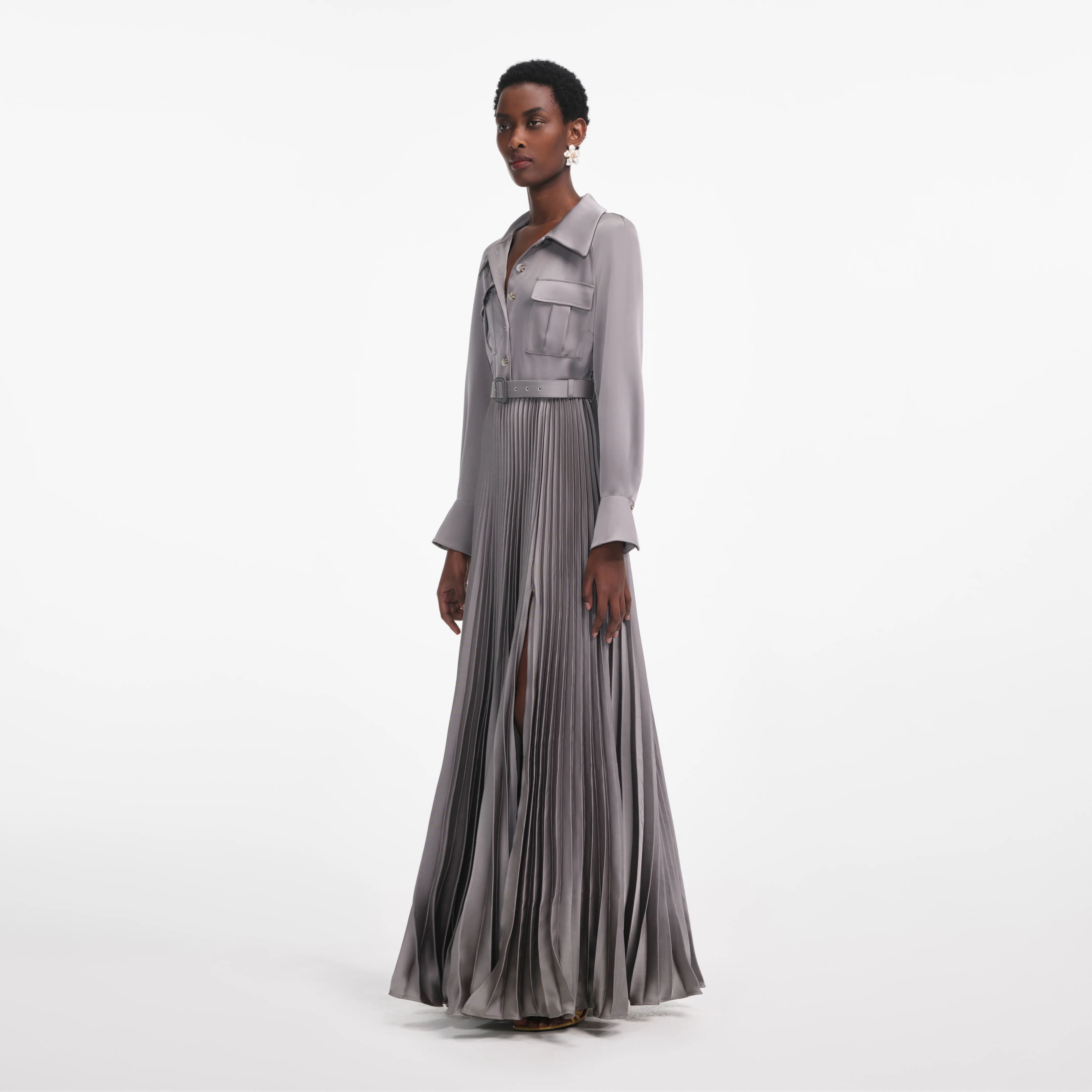 Grey Satin Pleated Maxi Dress - Image 2