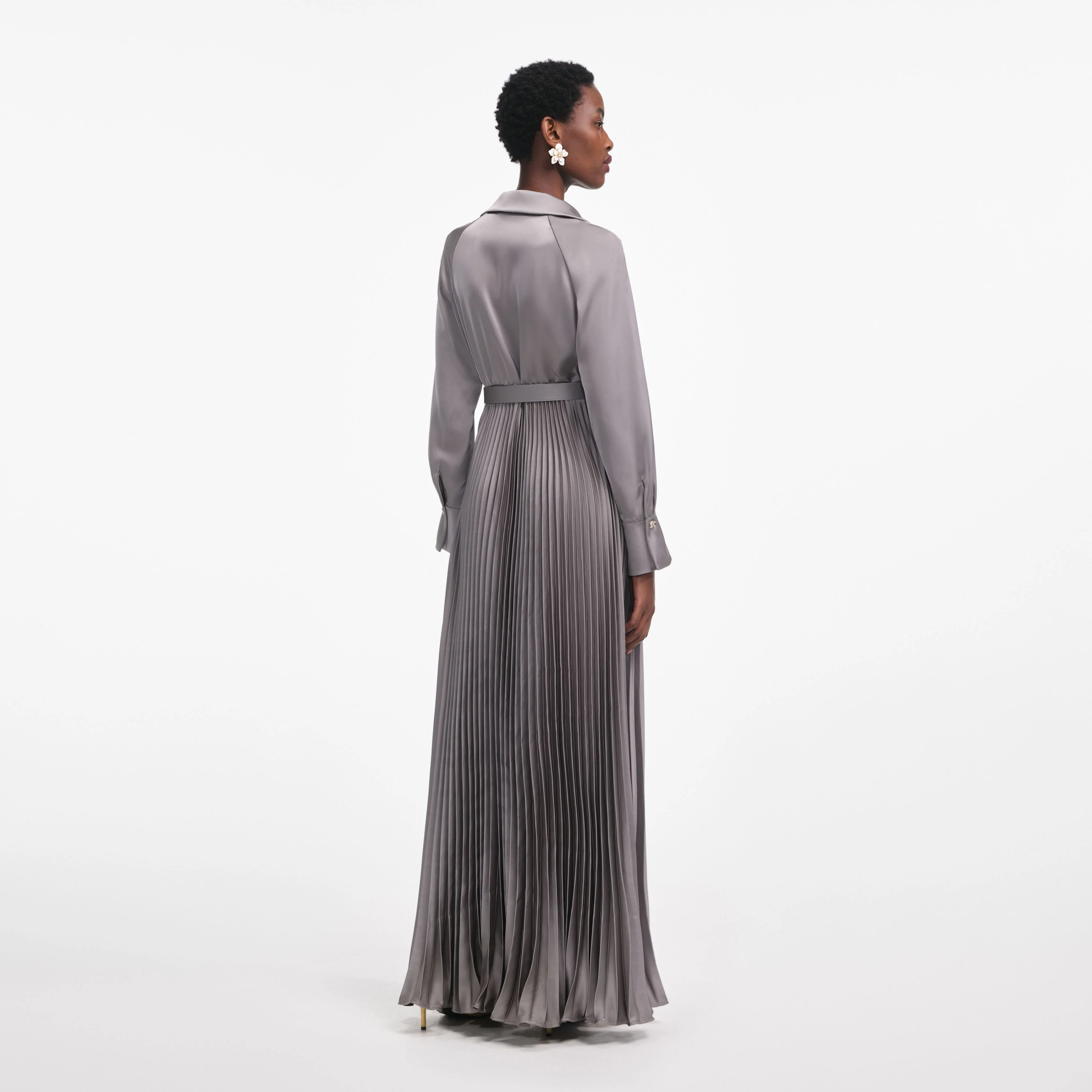 Grey Satin Pleated Maxi Dress - Image 3