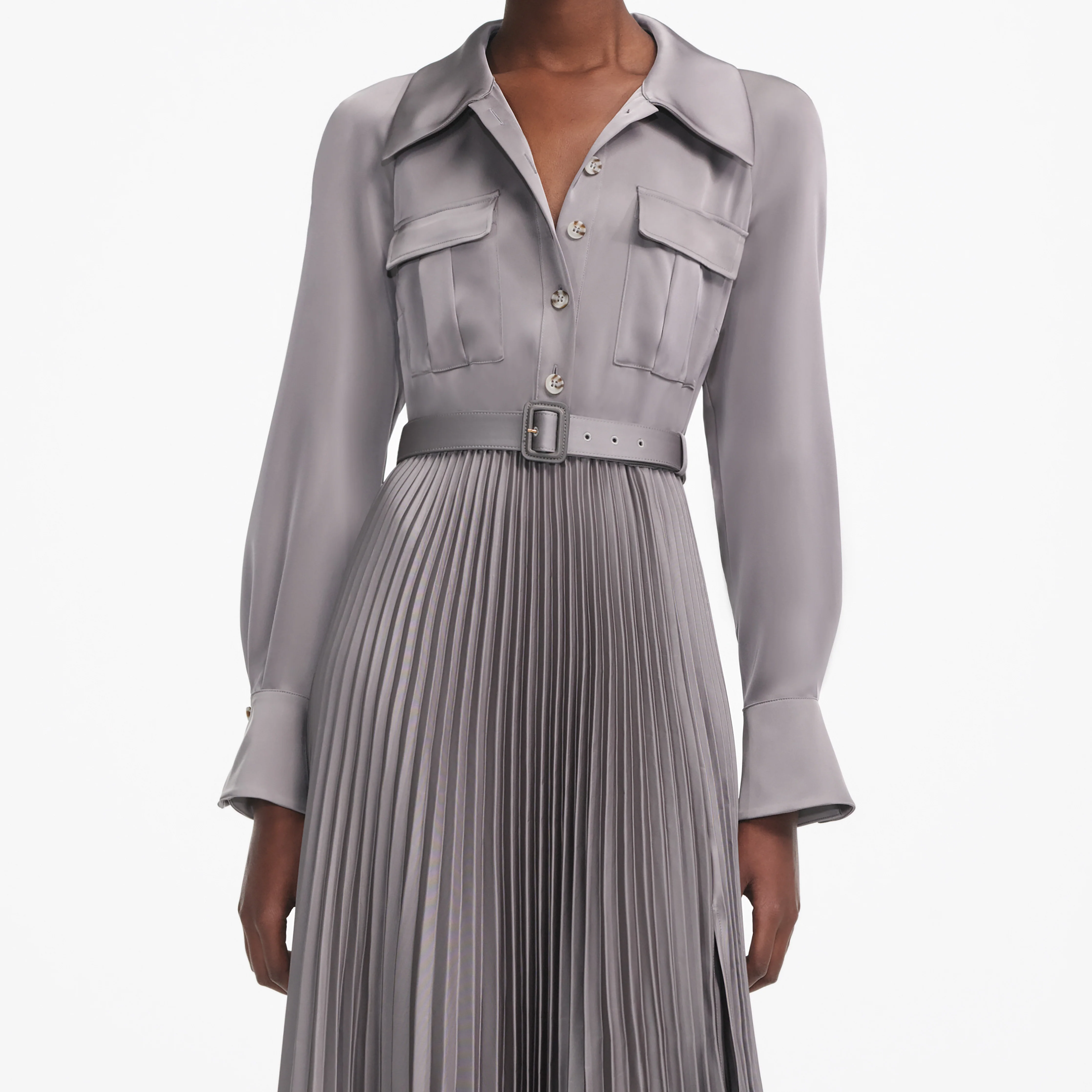 Grey Satin Pleated Maxi Dress - Image 4