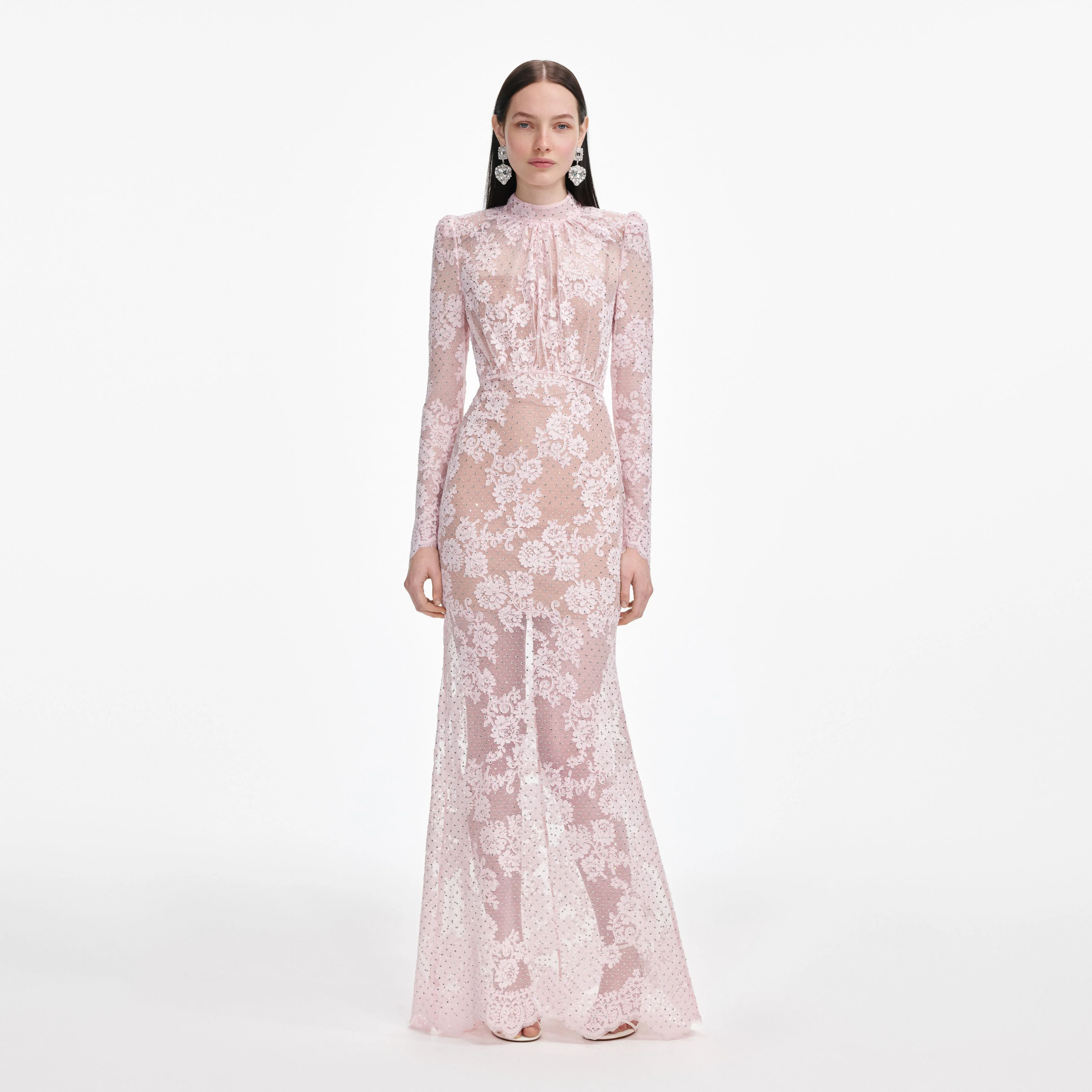Pale Pink Rhinestone Lace Maxi Dress
