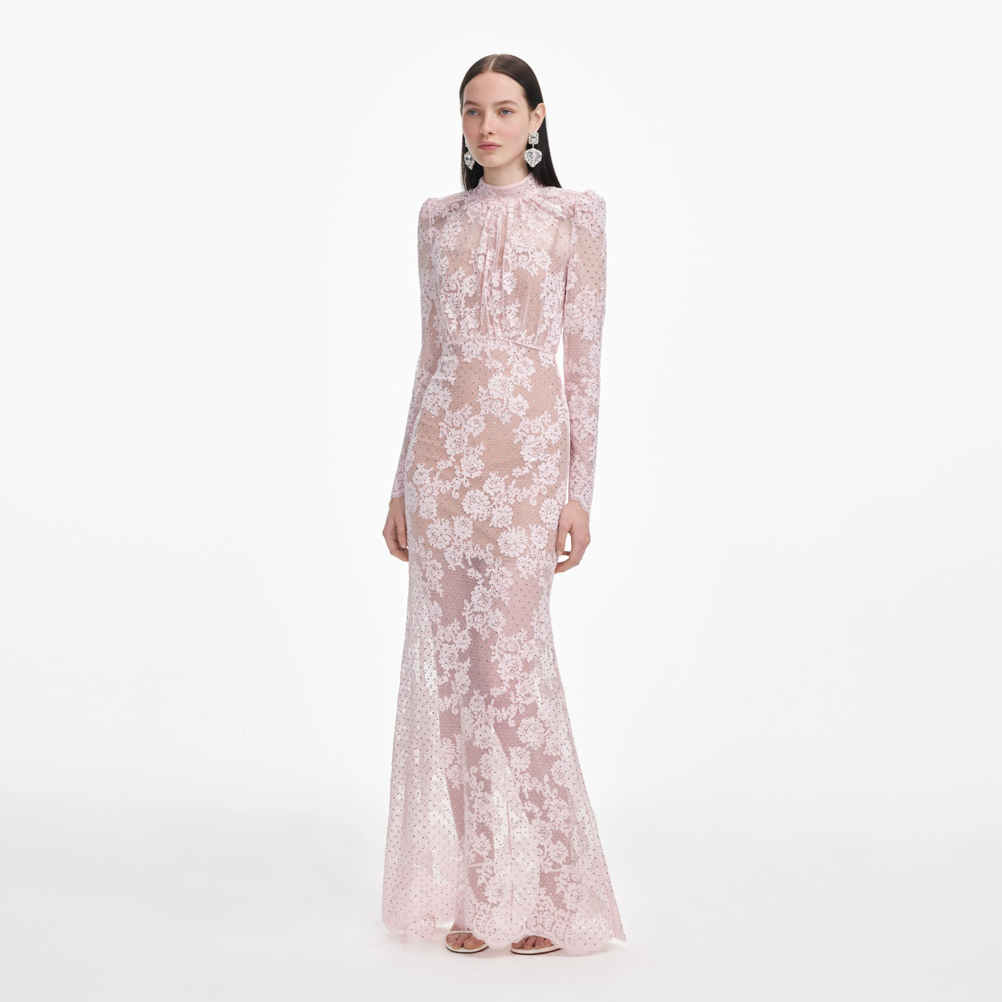 Pale Pink Rhinestone Lace Maxi Dress - Image 2