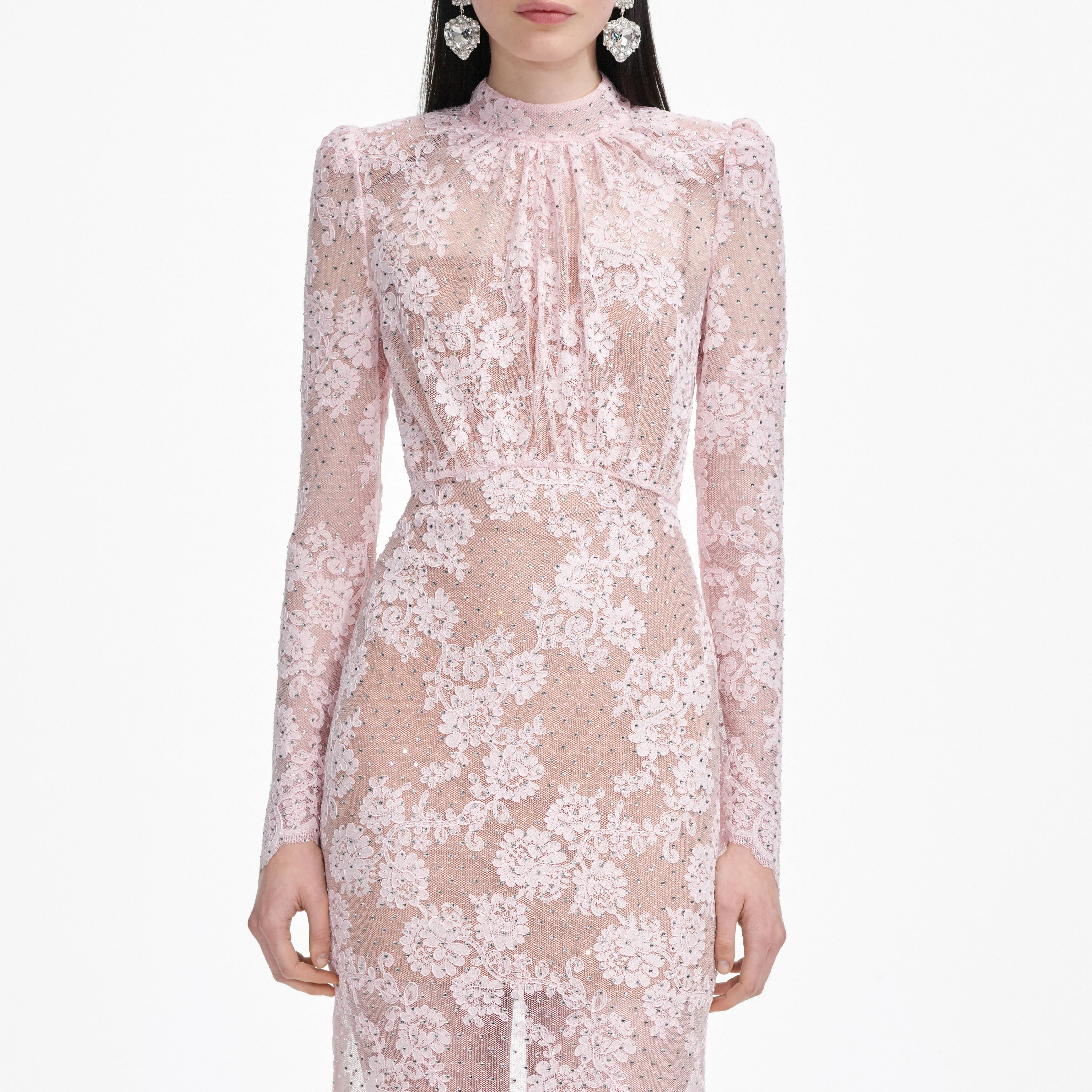 Pale Pink Rhinestone Lace Maxi Dress - Image 4