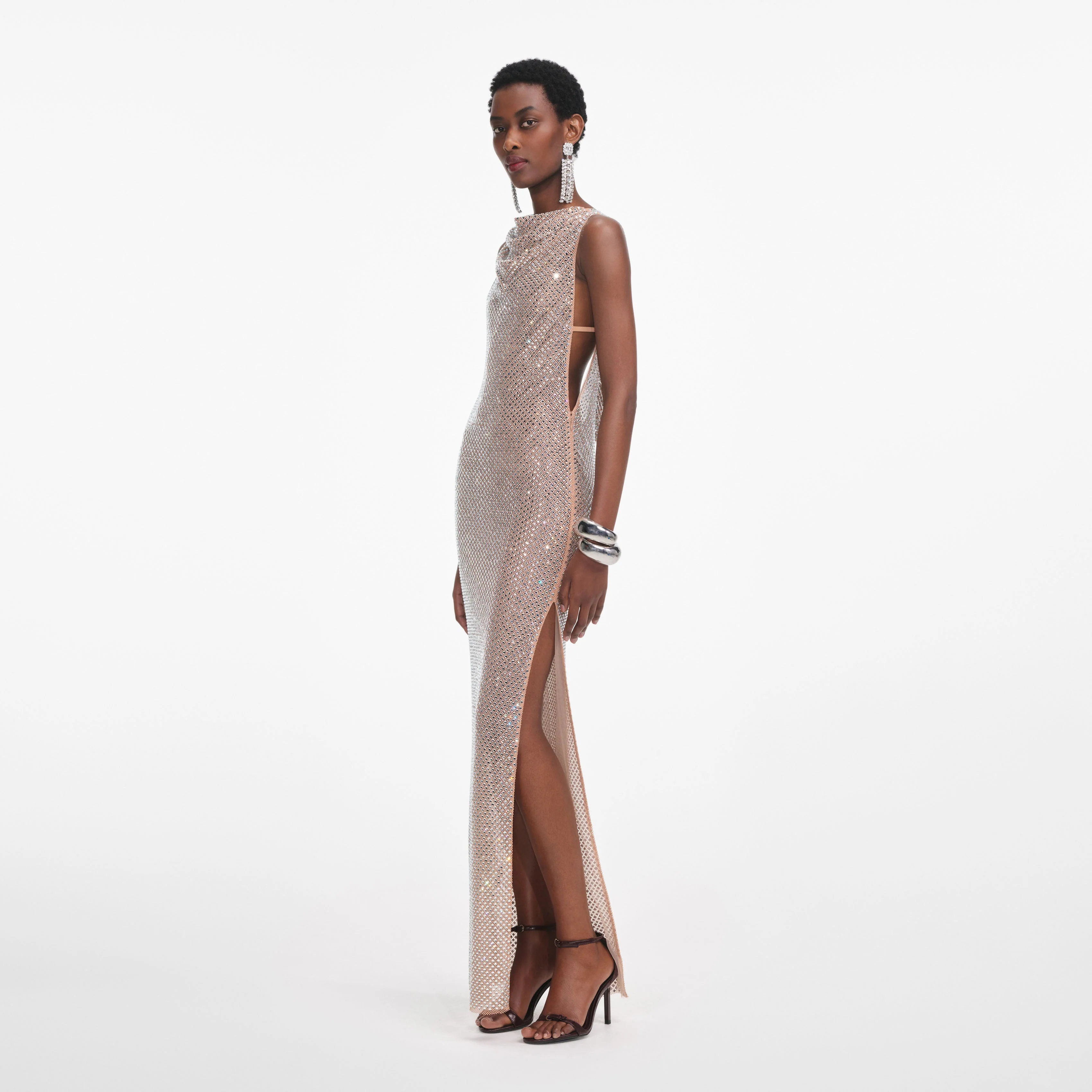 Silver Rhinestone Drape Maxi Dress - Image 2