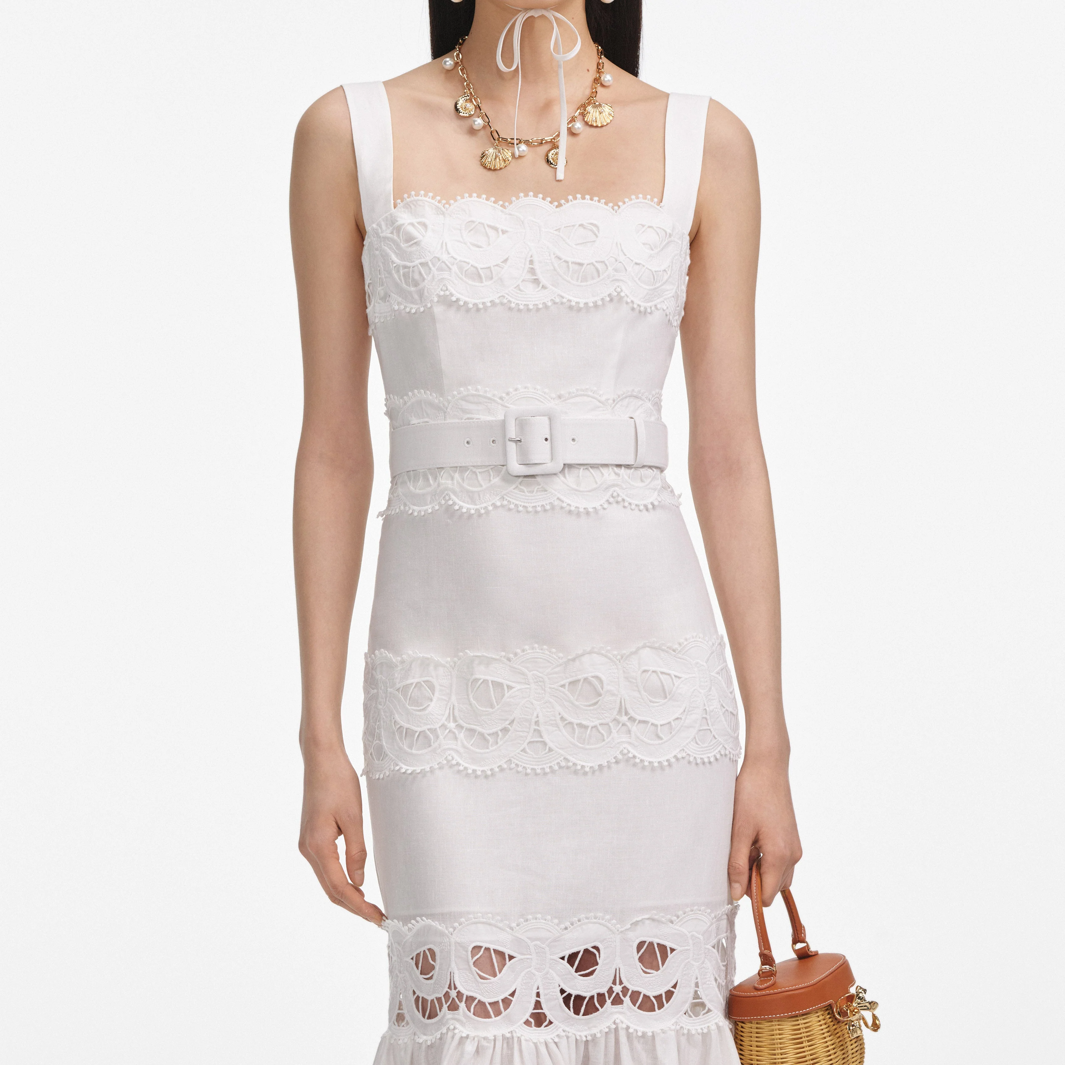 White Linen Lace Insert Midi Dress - Image 4