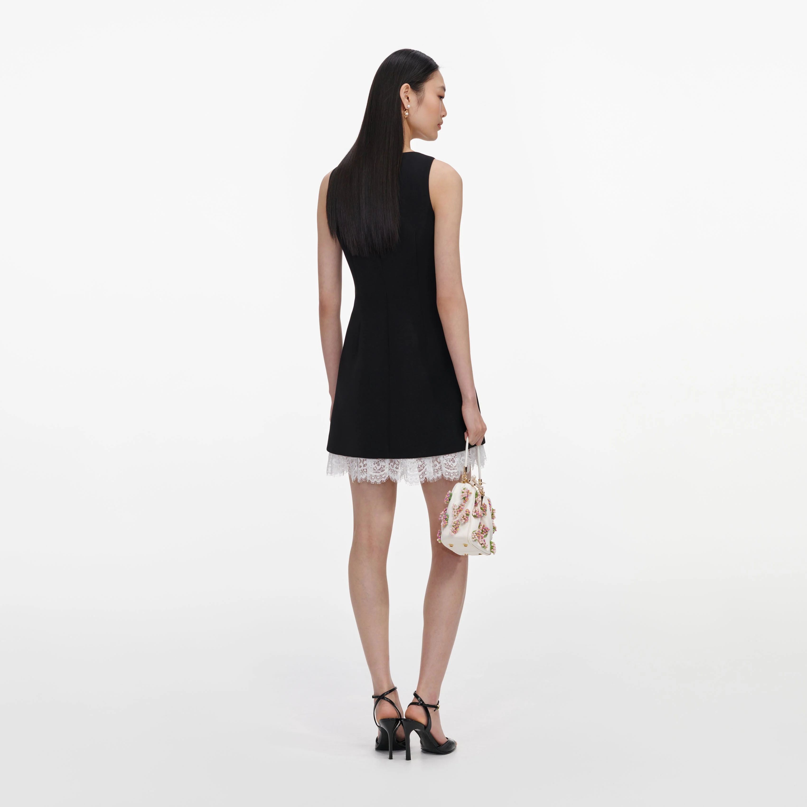 Black Crepe Bow Lace Mini Dress - Image 3