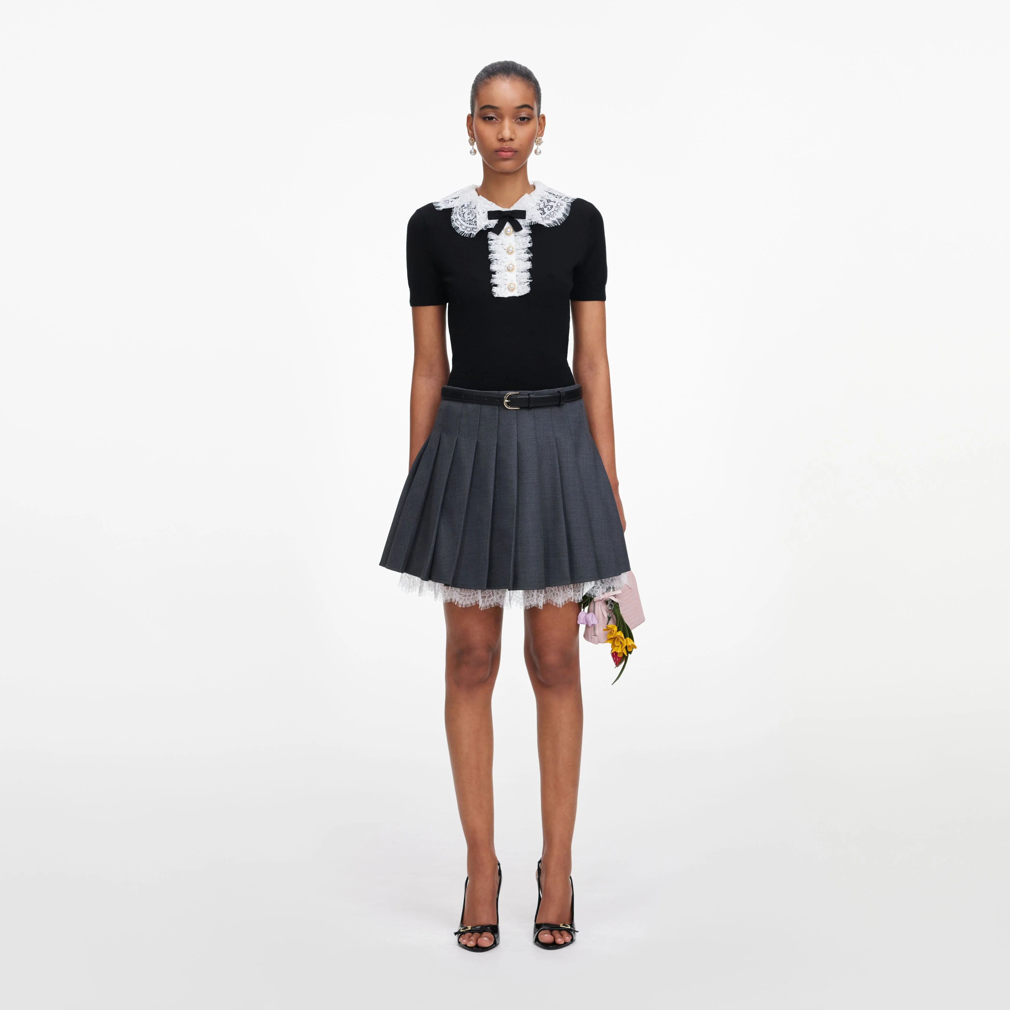 Black Knit Lace Collar Top