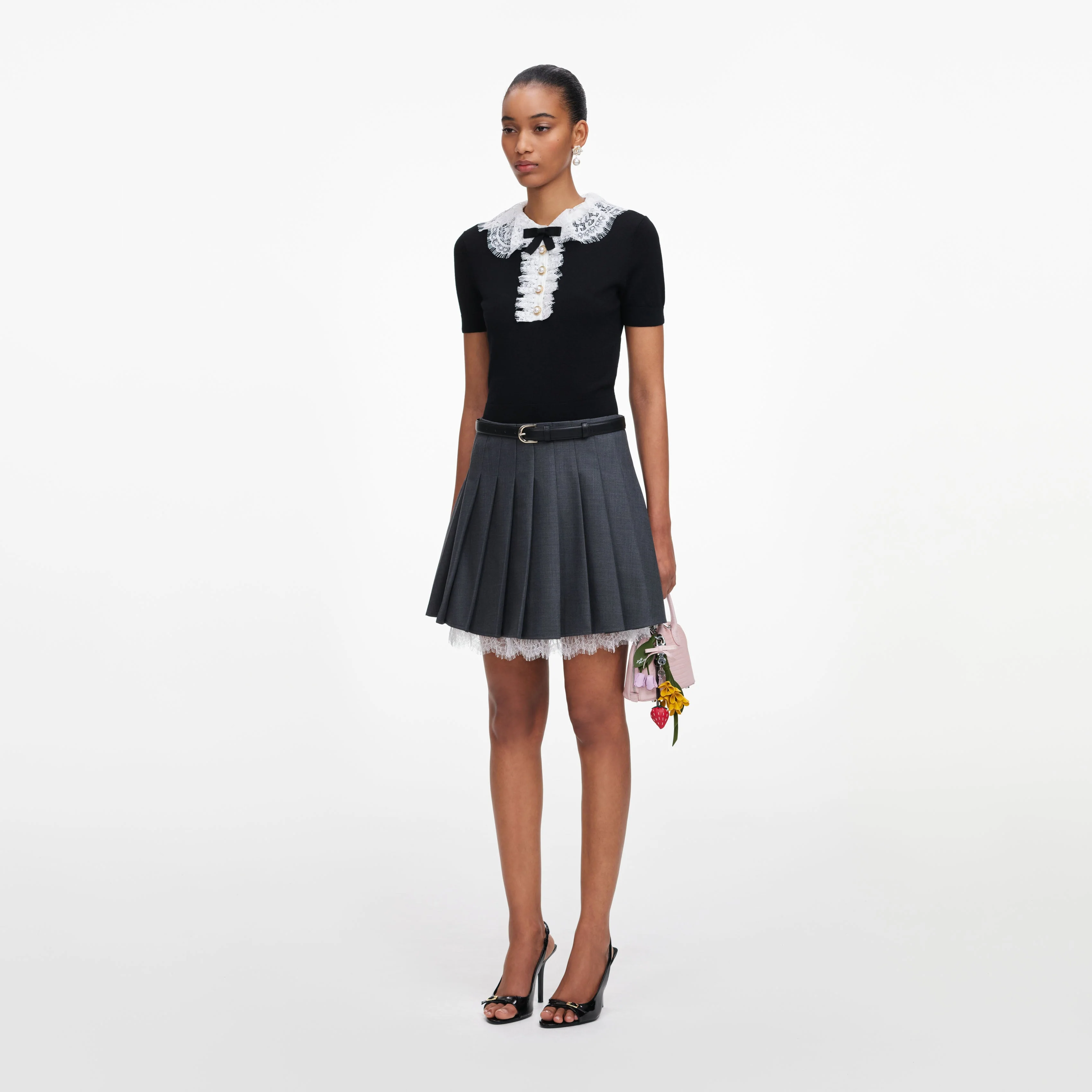 Black Knit Lace Collar Top - Image 2