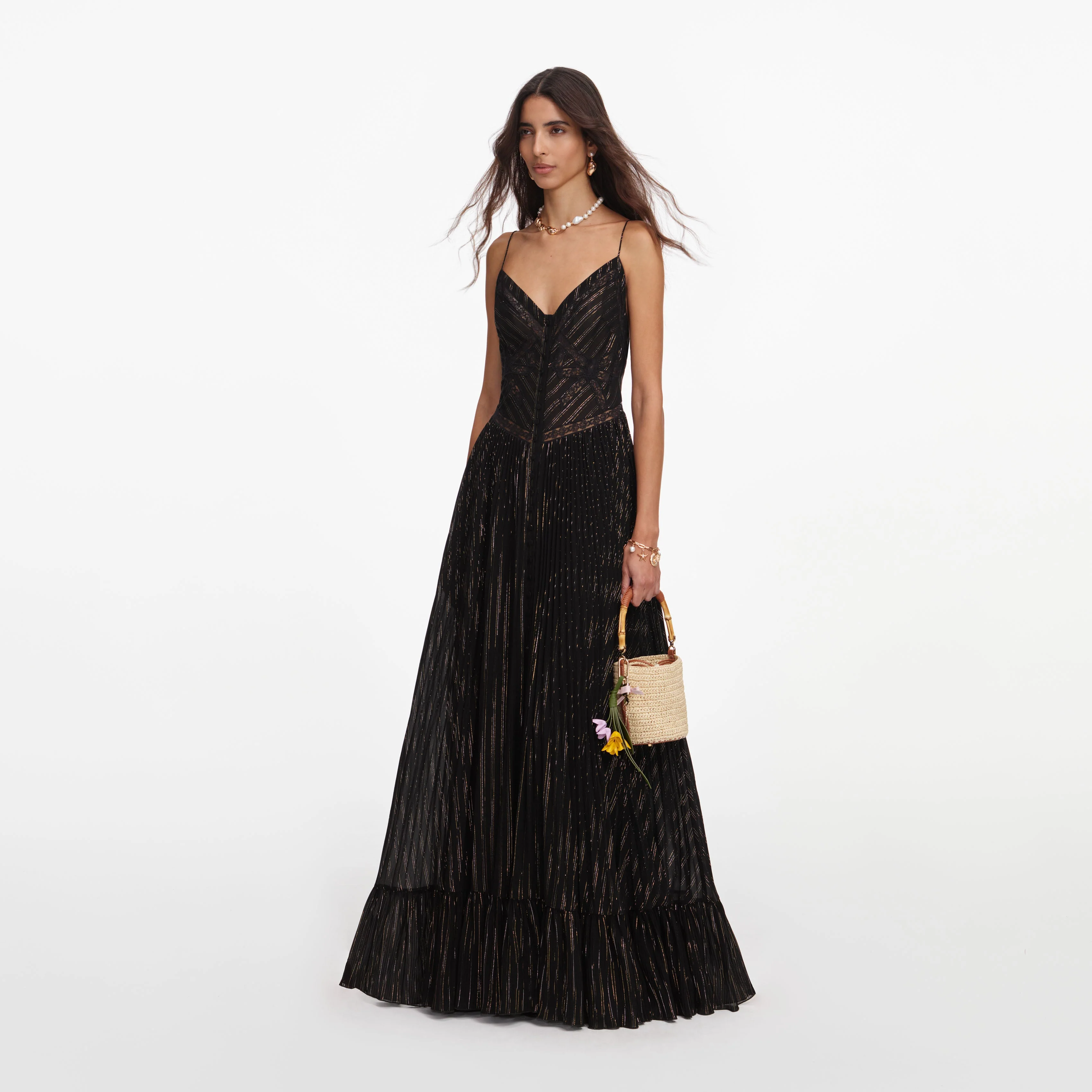 Black Lurex Stripe Pleated Maxi Dress - Image 2