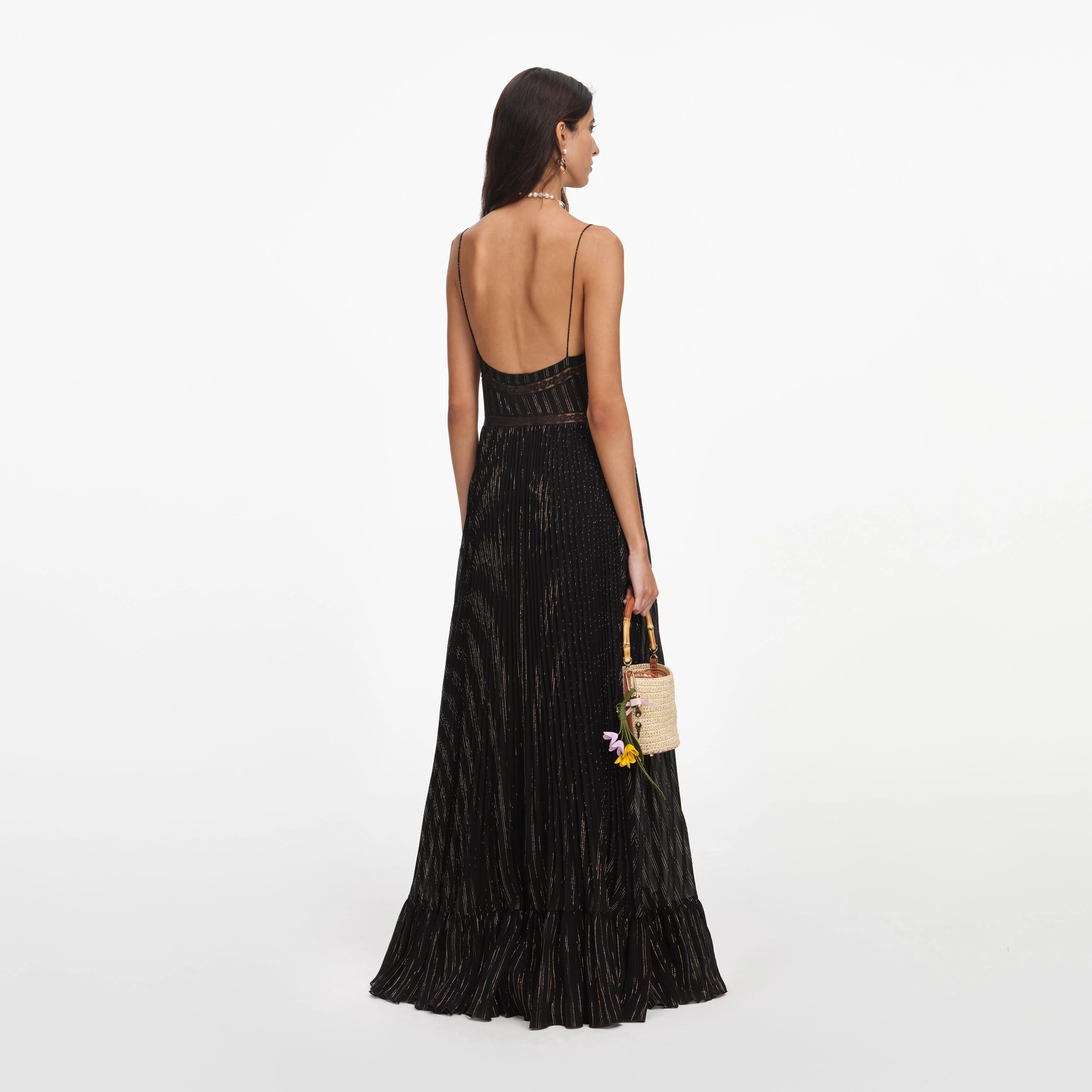 Black Lurex Stripe Pleated Maxi Dress - Image 3