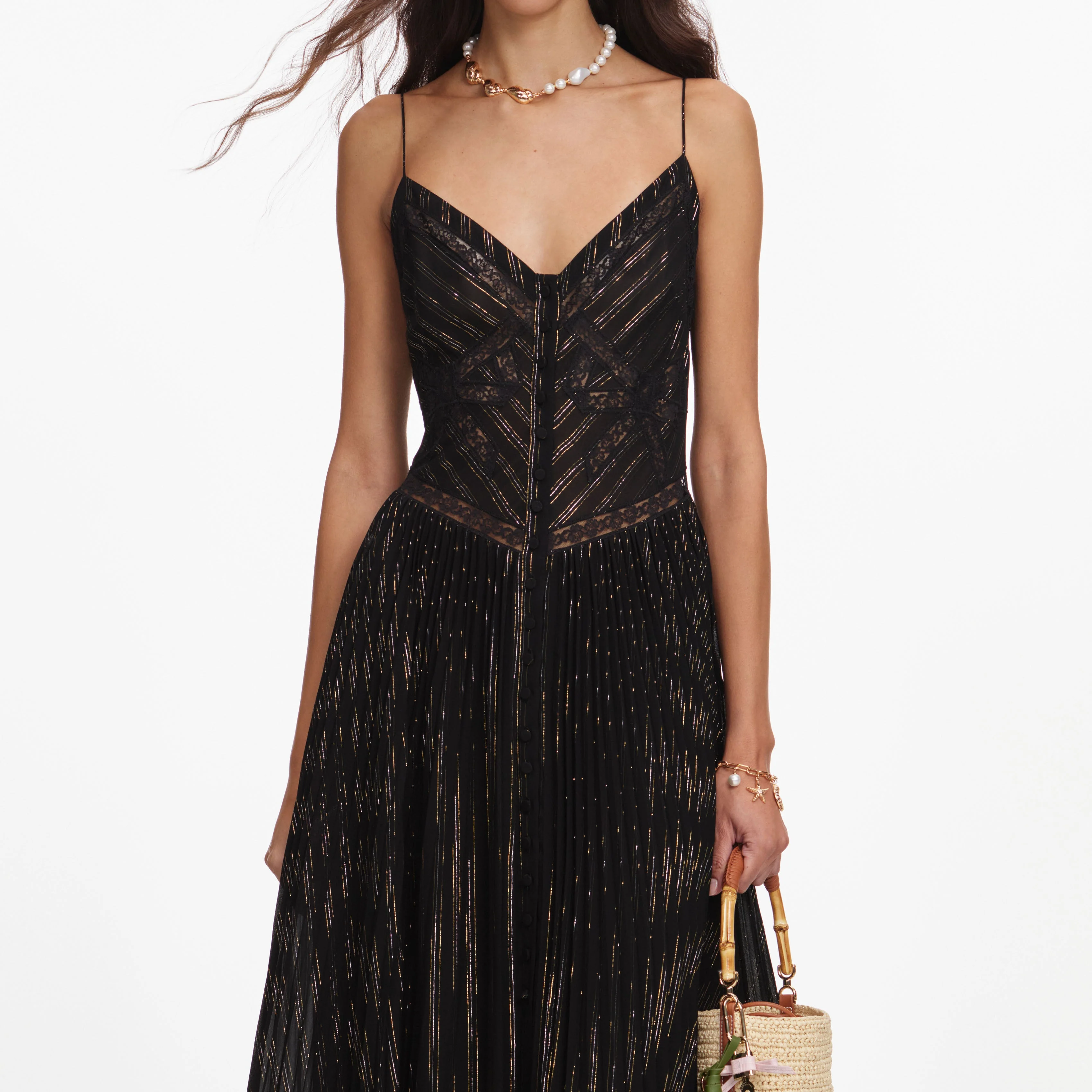 Black Lurex Stripe Pleated Maxi Dress - Image 4