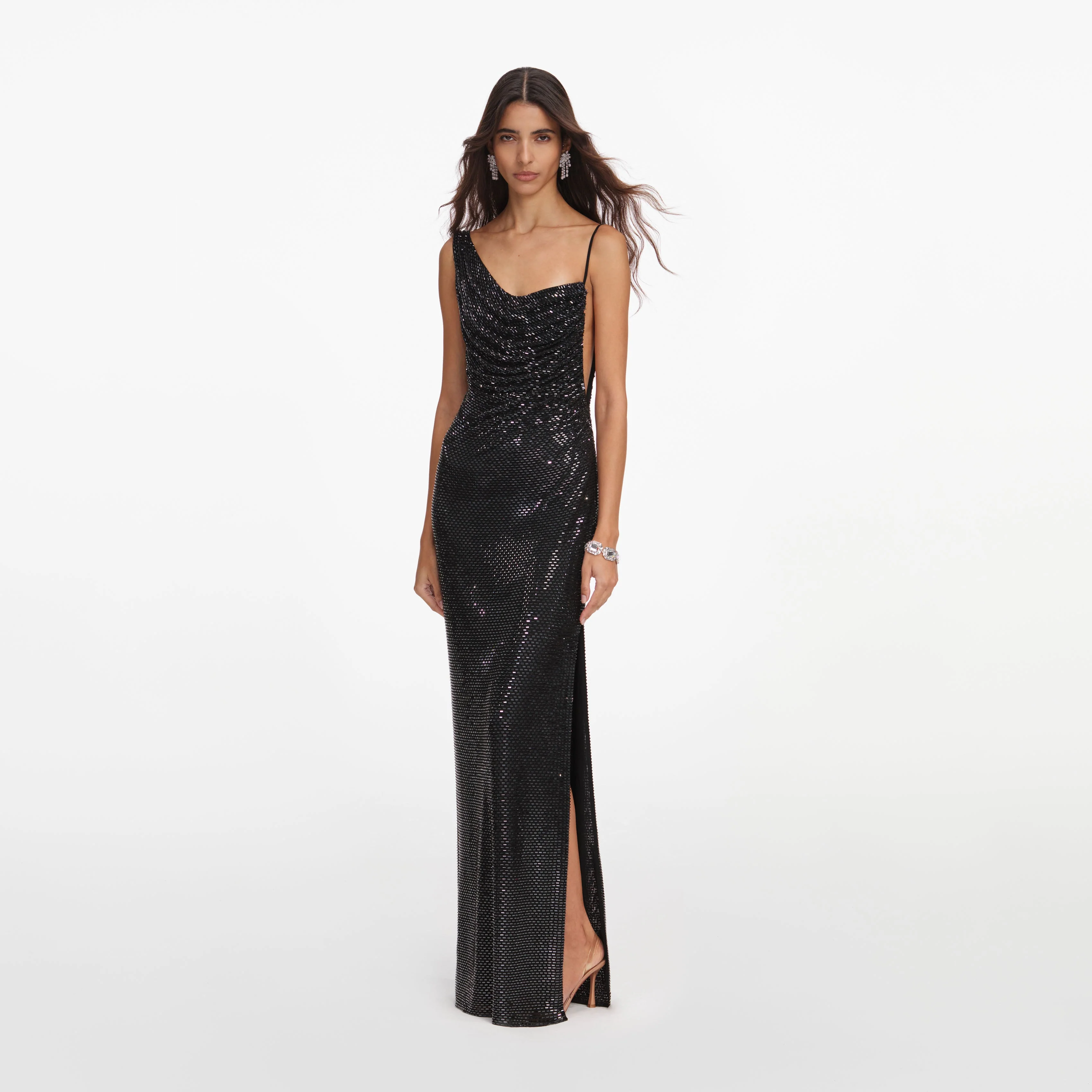 Black Rhinestone Draped Maxi Dress - Image 2