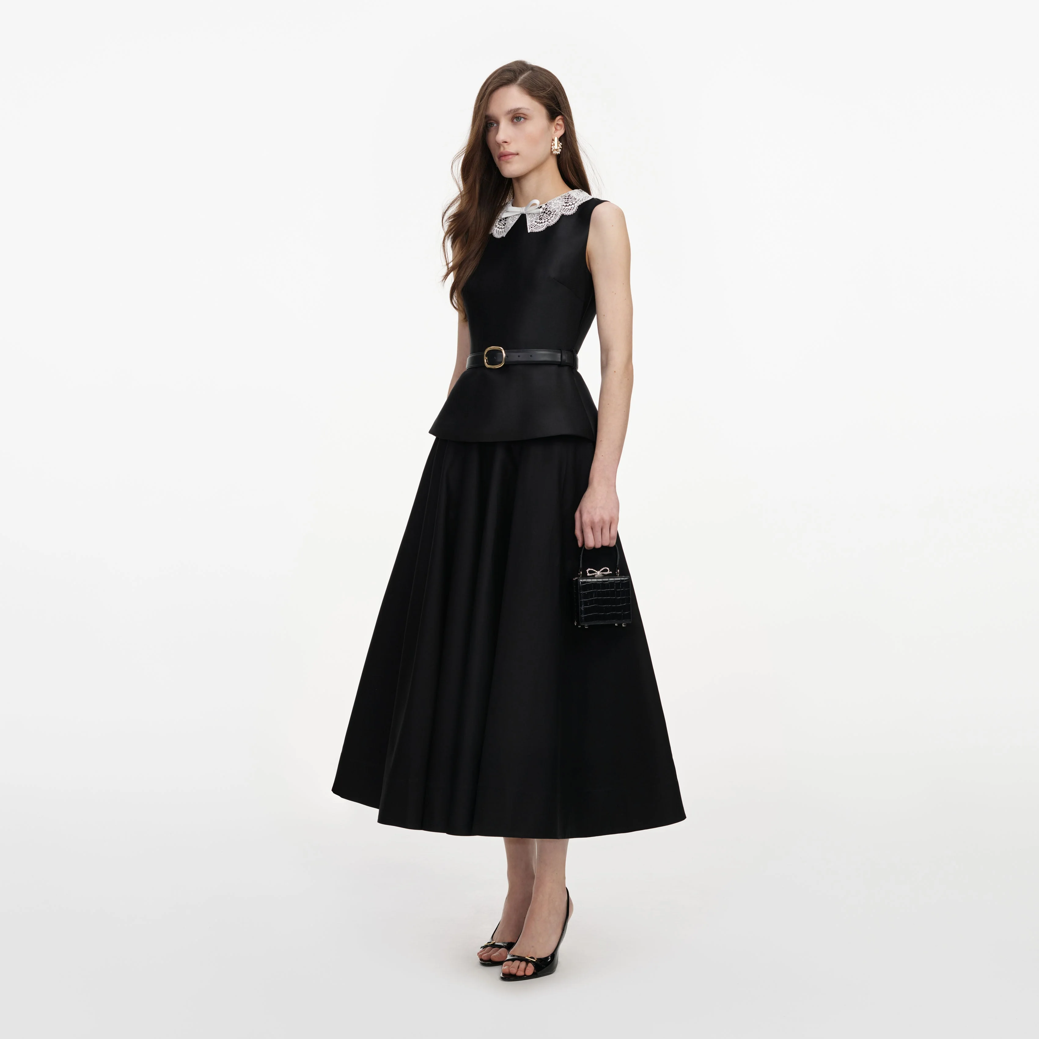 Black Taffeta Peplum Midi Dress - Image 2