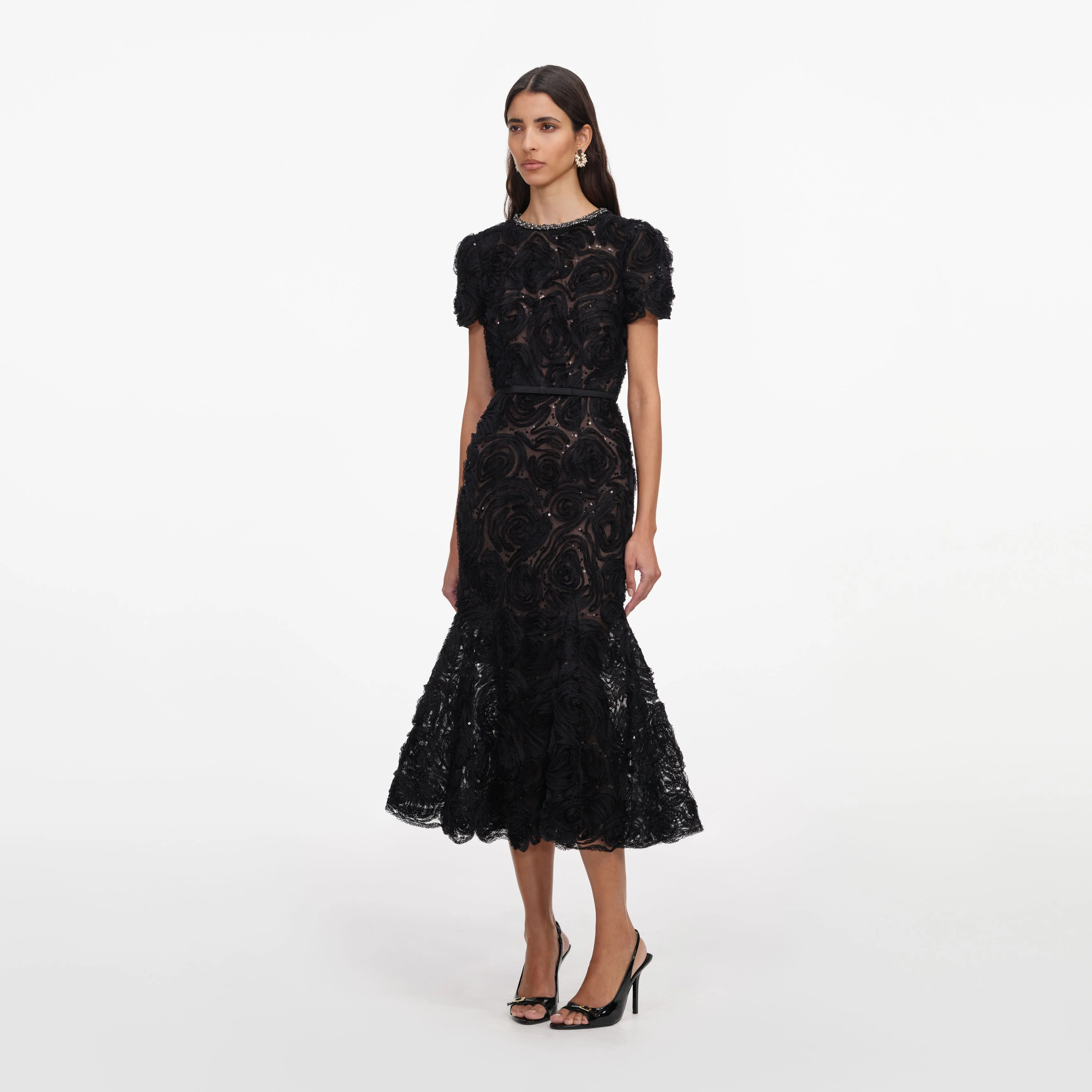 Black Tulle Lace Sequin Midi Dress - Image 2