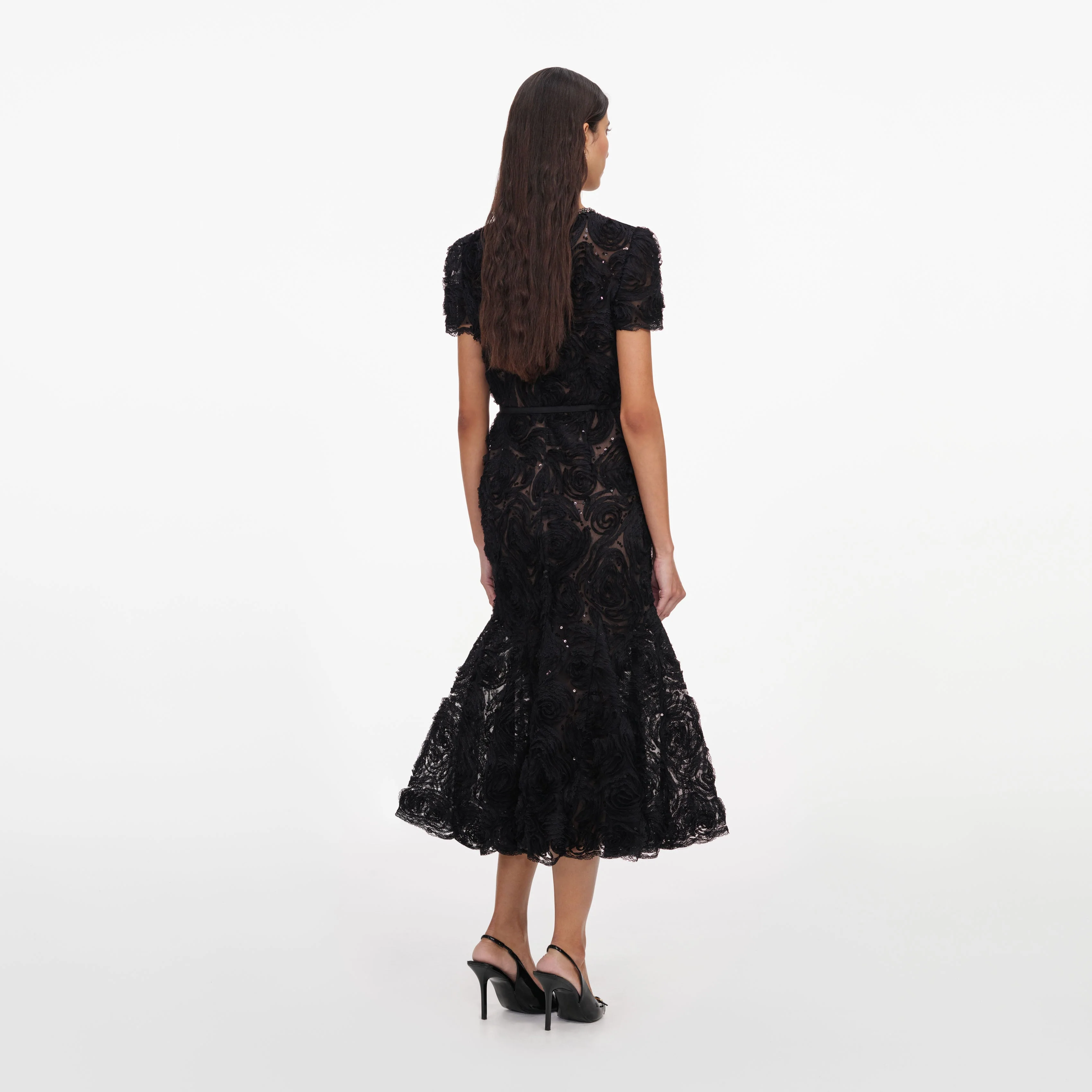 Black Tulle Lace Sequin Midi Dress - Image 3