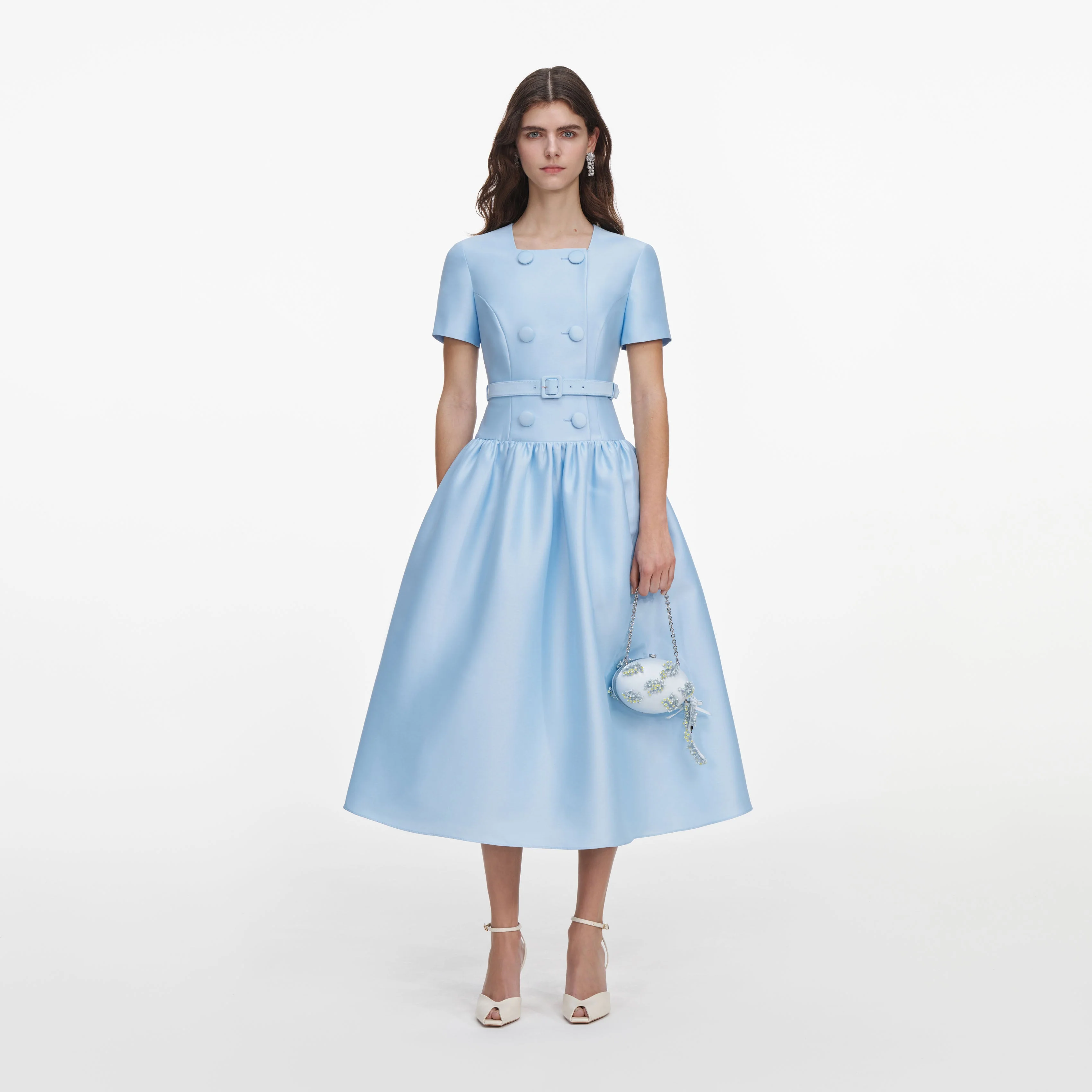 Blue Button Front Taffeta Midi Dress