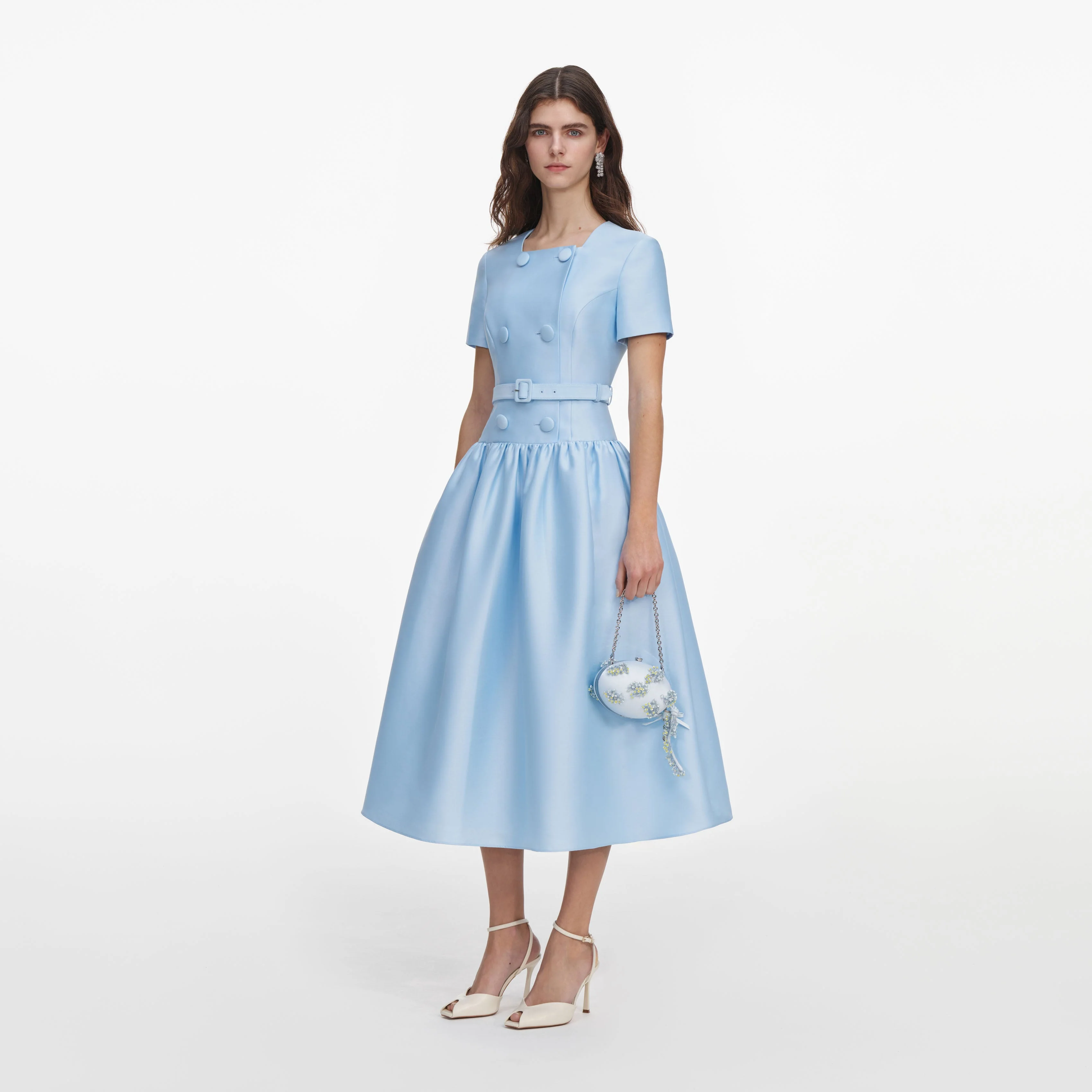 Blue Button Front Taffeta Midi Dress - Image 2
