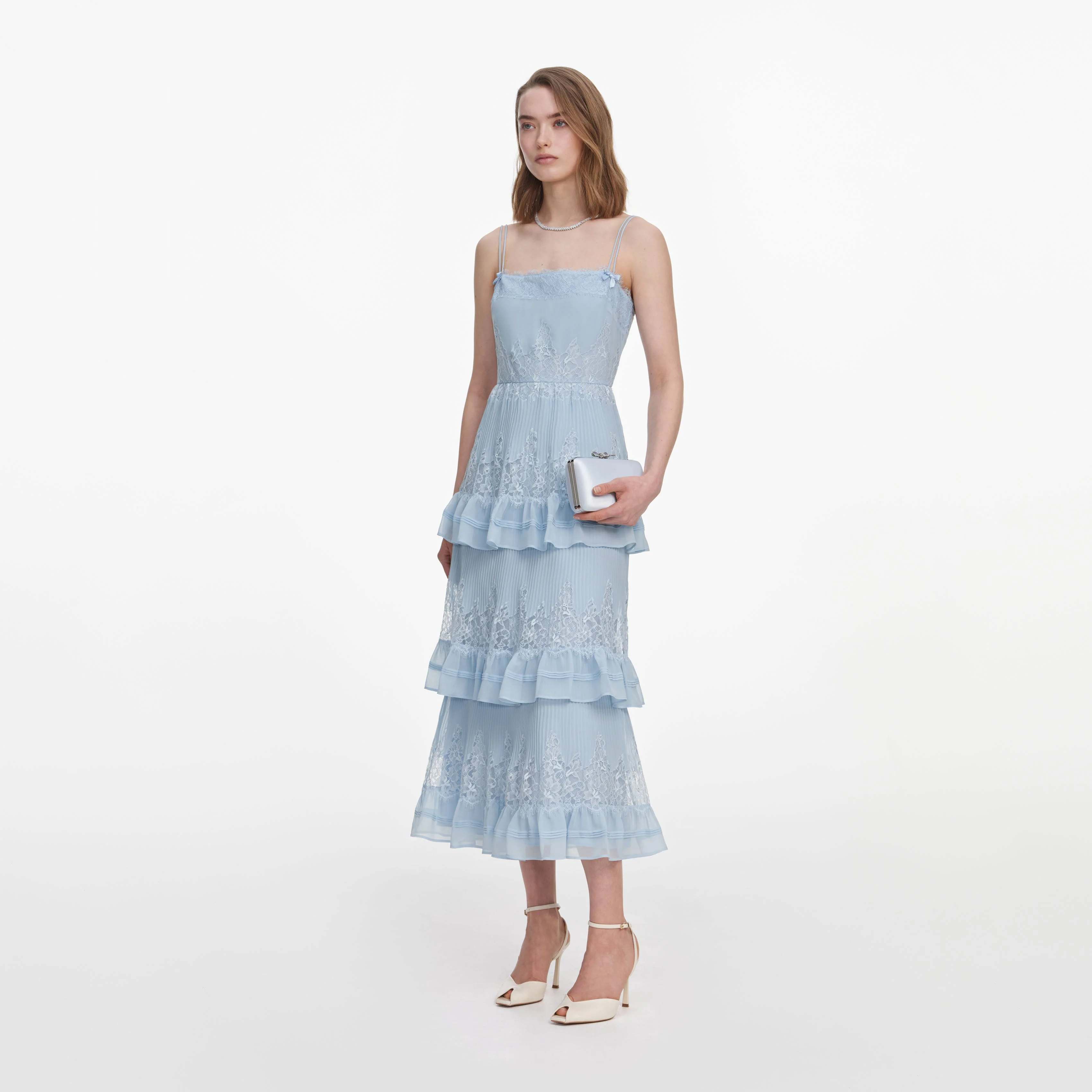 Blue Chiffon Lace Tiered Midi Dress - Image 2
