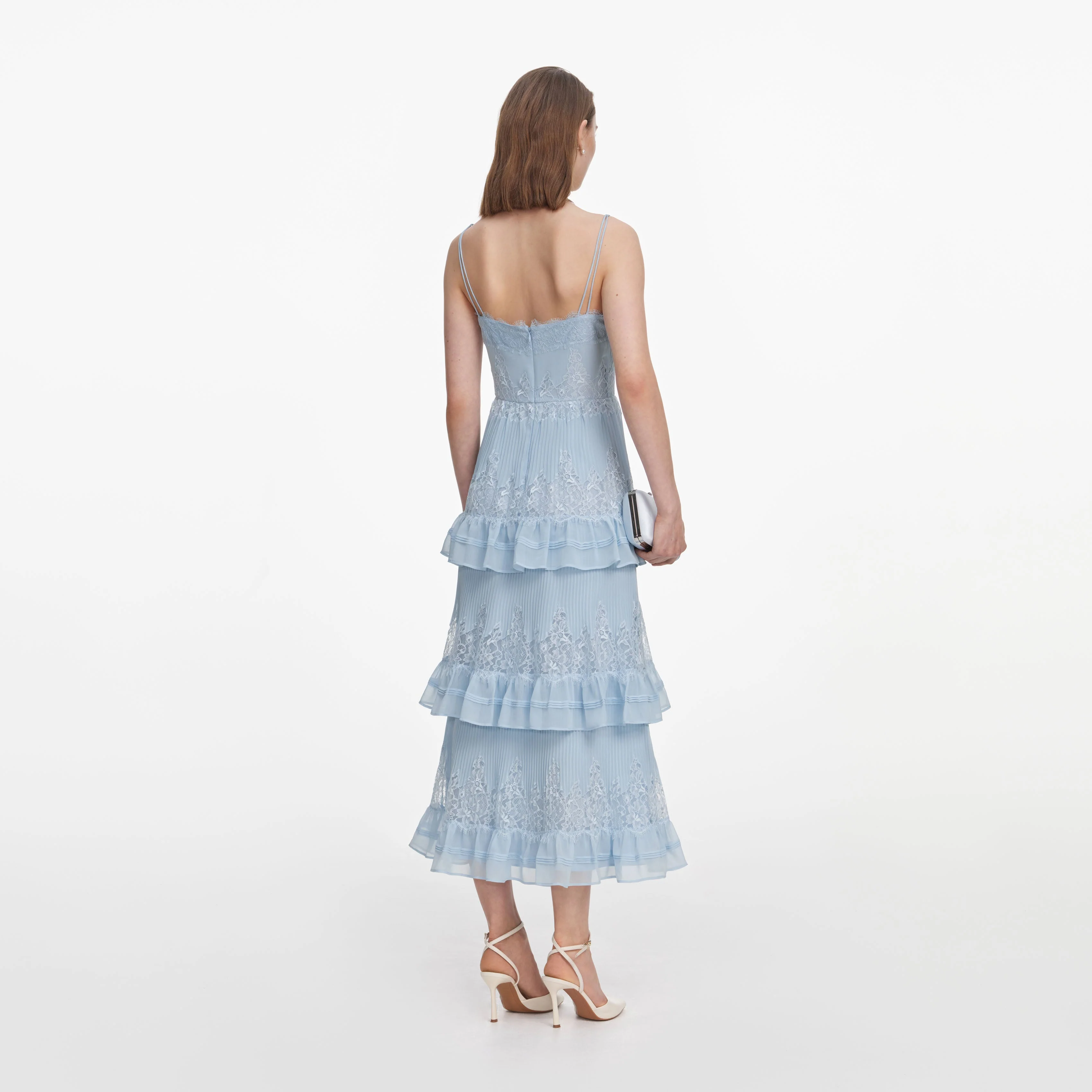 Blue Chiffon Lace Tiered Midi Dress - Image 3