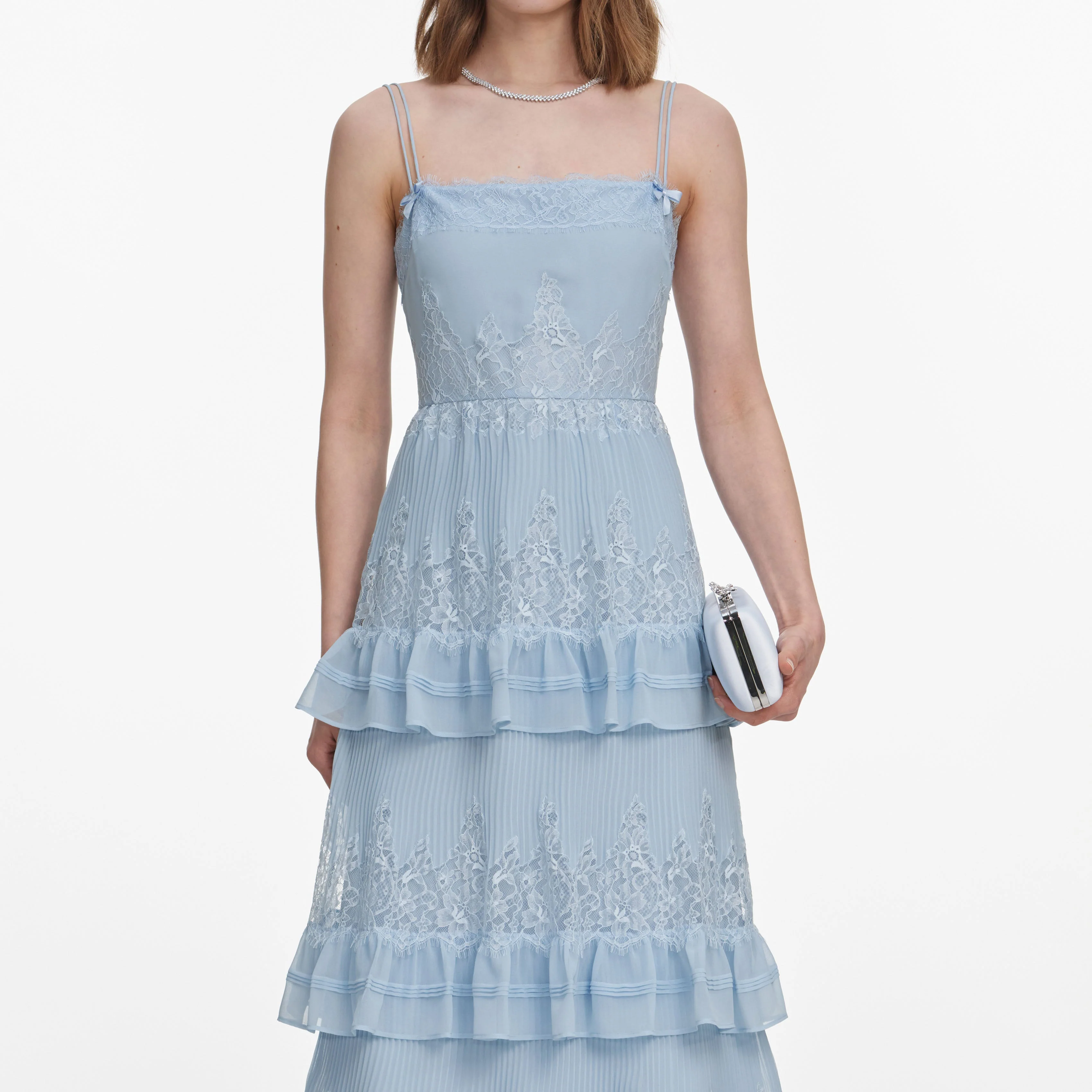 Blue Chiffon Lace Tiered Midi Dress - Image 4