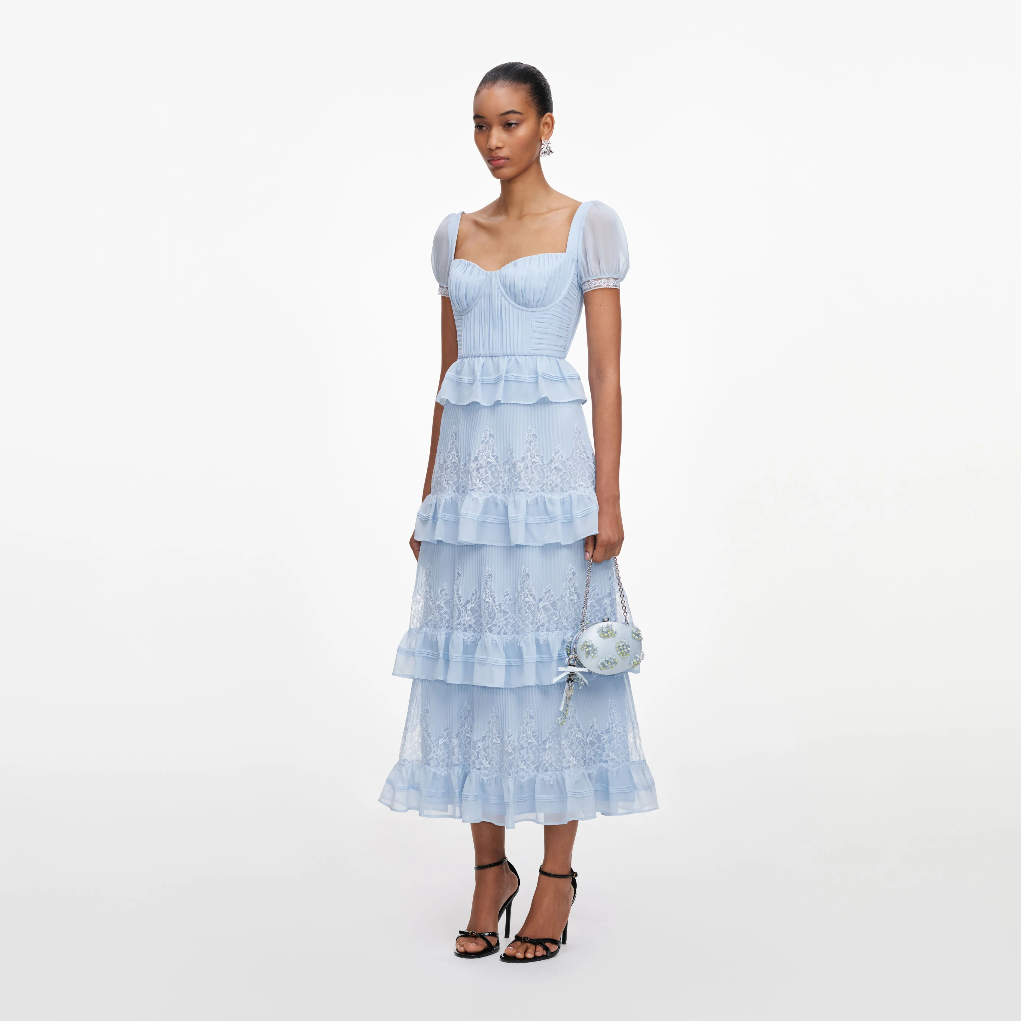 Blue Chiffon Short Sleeve Midi Dress - Image 2