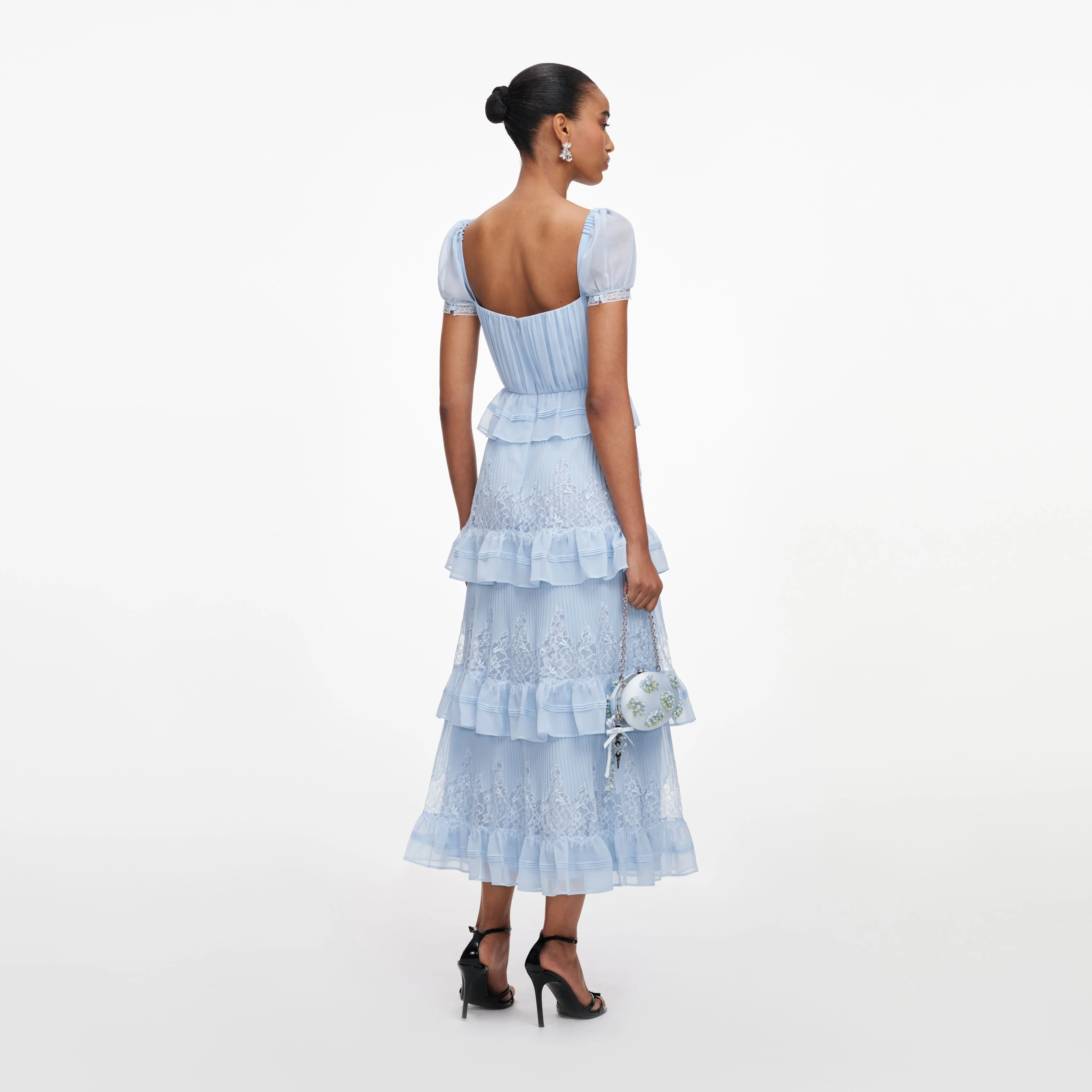 Blue Chiffon Short Sleeve Midi Dress - Image 3