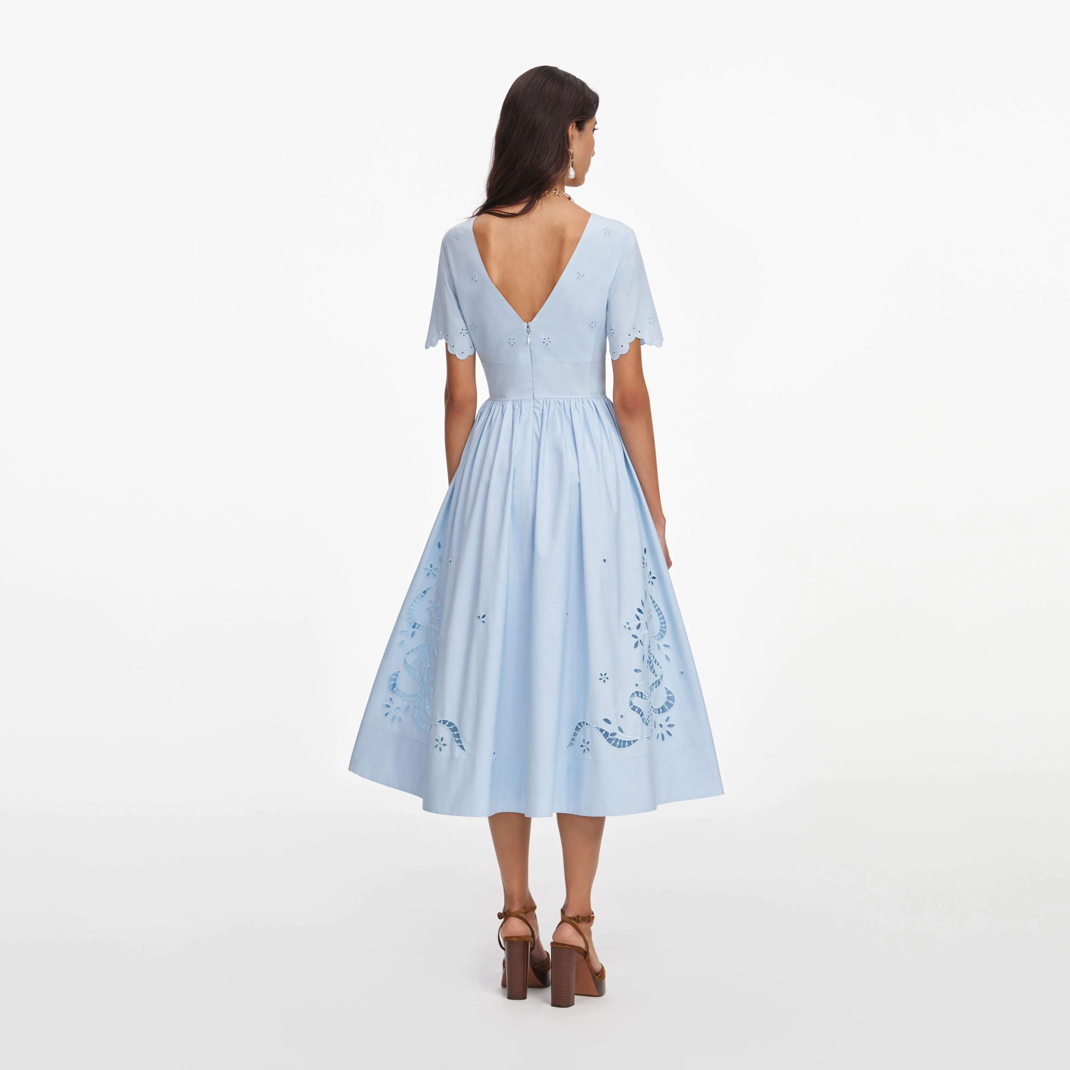 Blue Cotton Embroidered Midi Dress - Image 3